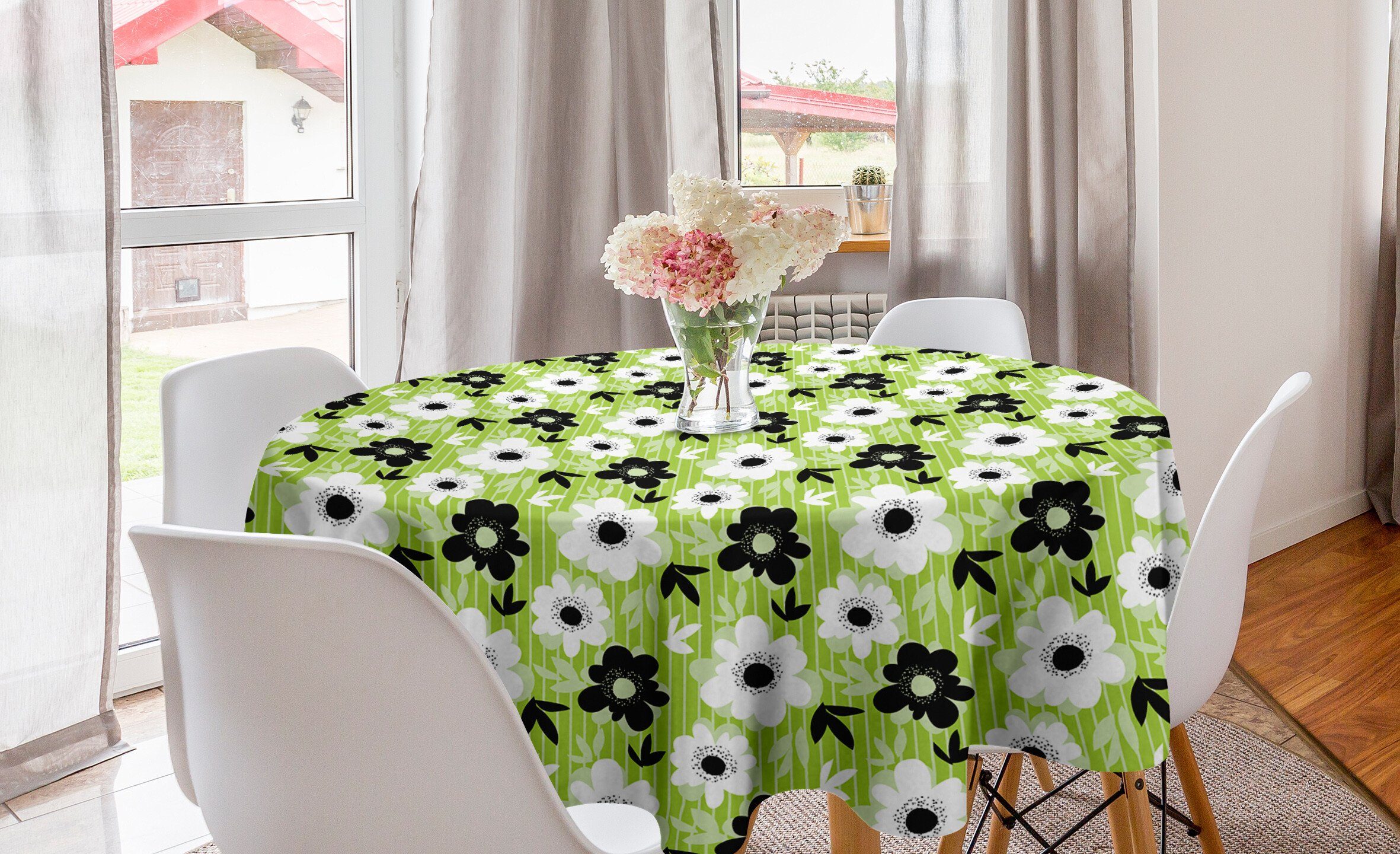 Abakuhaus Tischdecke Kreis Tischdecke Abdeckung für Esszimmer Küche Dekoration, Frühling Vögel Streifen und Blumen