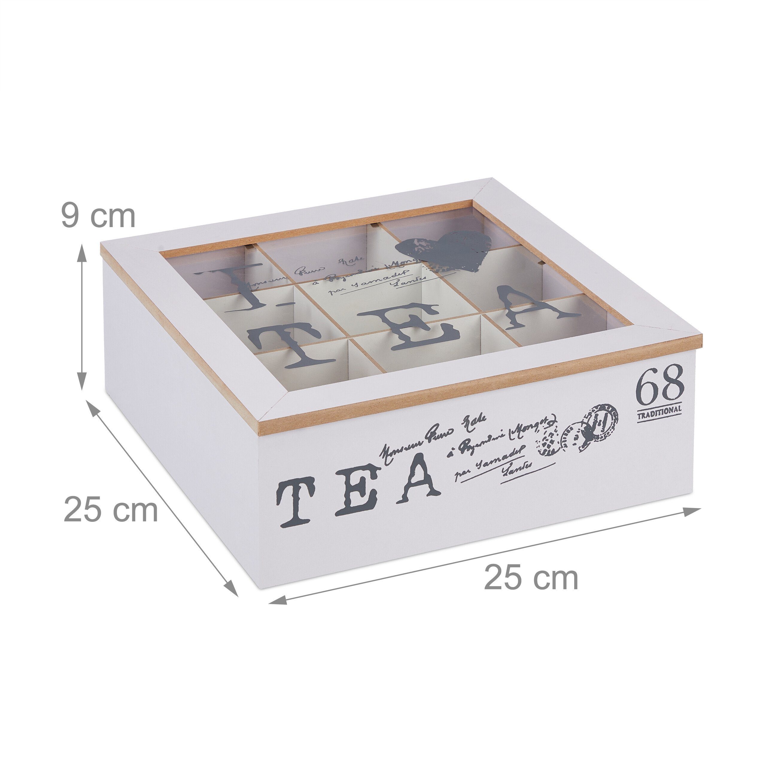 relaxdays 9 Teebox Teebox Faserplatte Weiße mit Fächern,