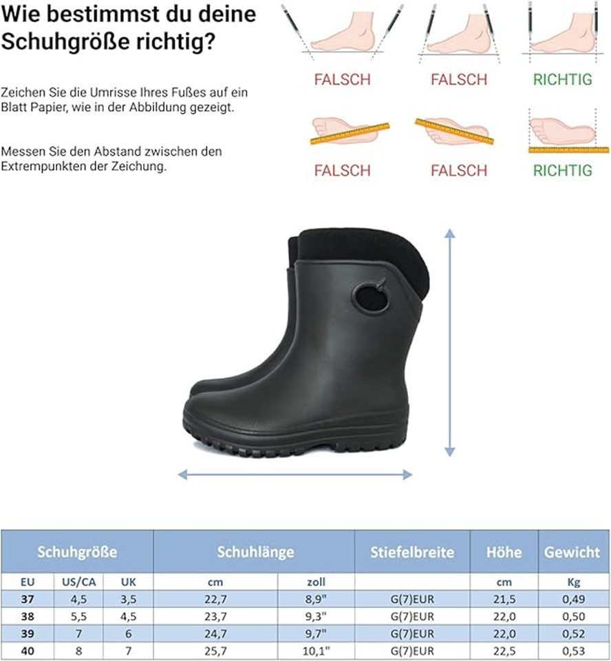 Fortmen Federleichte EVA Gefütterte halbhohe Gummistiefel Damen Thermo 36-41 Gummistiefel wasserdicht