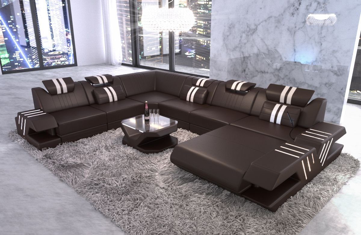Sofa Dreams Wohnlandschaft Venedig - XXL U Form Ledersofa, Couch, mit LED,  wahlweise mit Bettfunktion als Schlafsofa, Designersofa