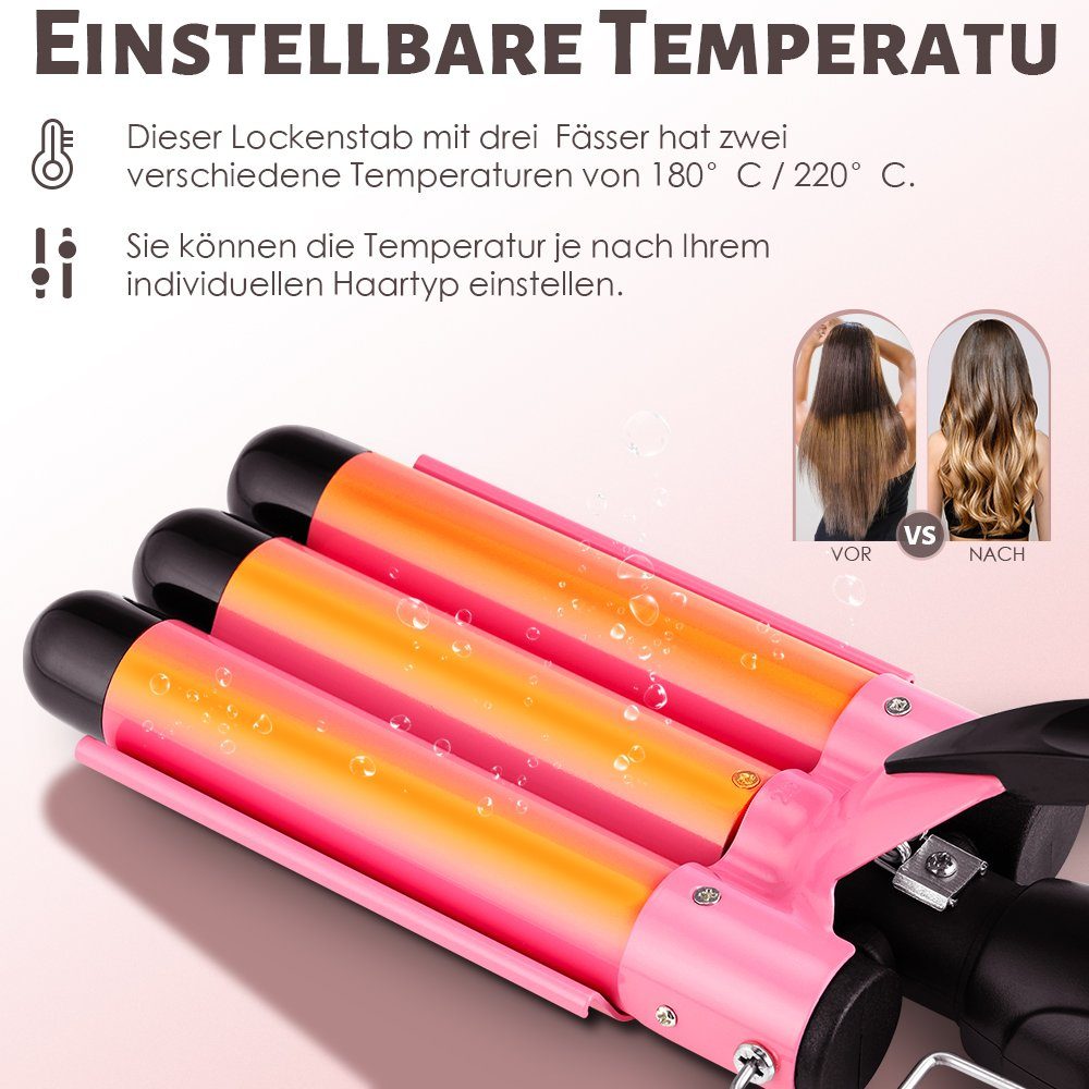 LETGOSPT Lockenstab 3 Fässer Lockenwickler 25mm, Beach Waves Schnelle, Mit 2 Temperatur, Keramik-Beschichtung, für Lange/kurze Haare mit Einstellbarer Temperatur