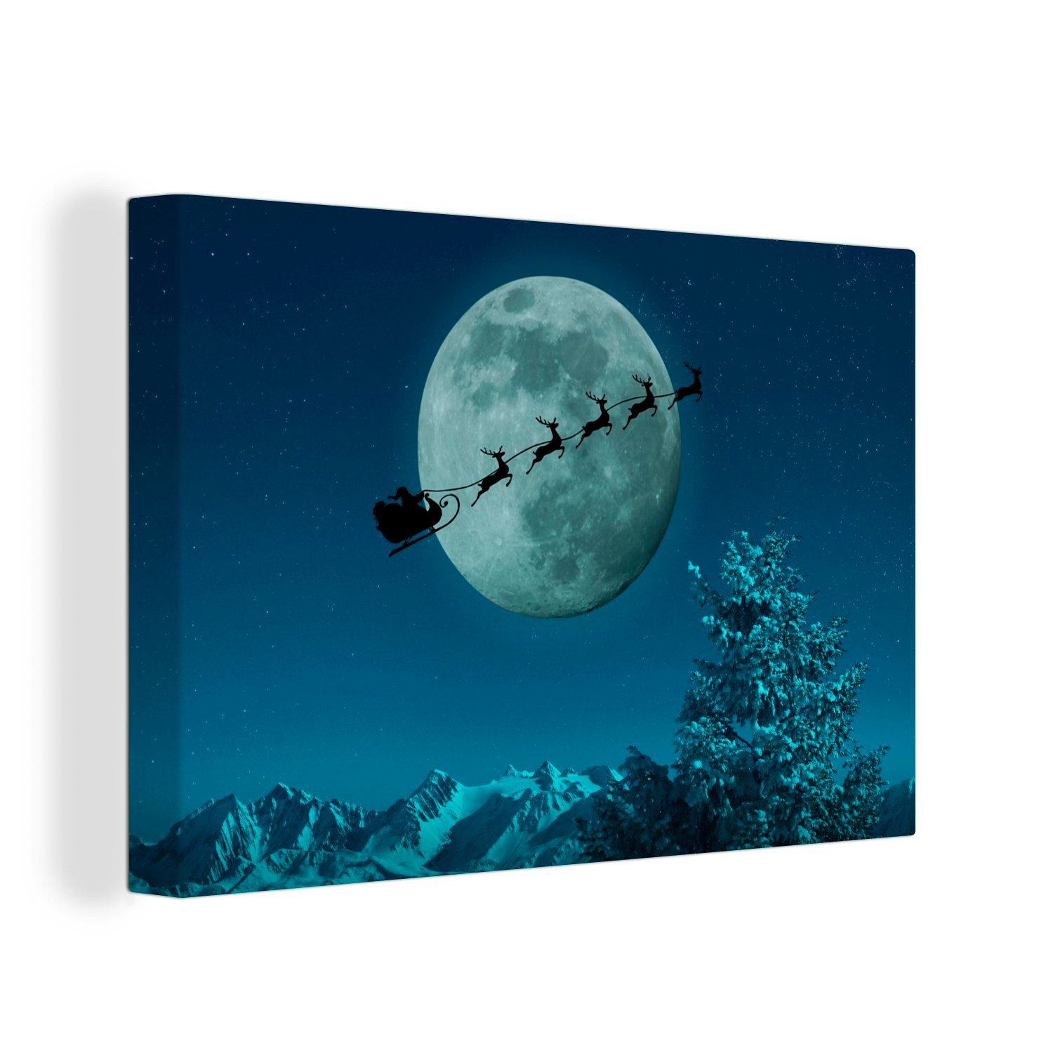 OneMillionCanvasses® Leinwandbild Rentier mit Weihnachtsmann in der Luft, (1 St), Wandbild Leinwandbilder, Aufhängefertig, Wanddeko, 30x20 cm