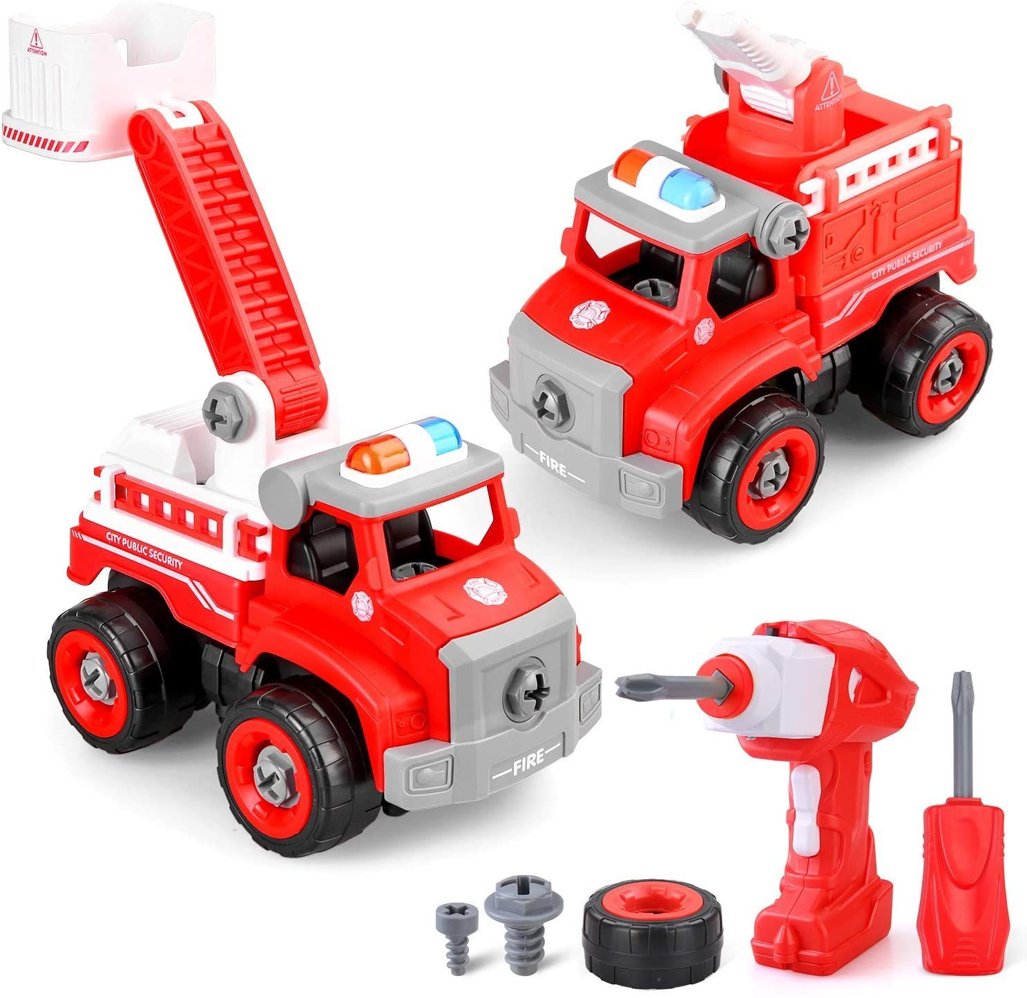 2 in 1 Feuerwehrauto Feuerwehr für Kinder,Montage Spielzeug Spielzeugauto