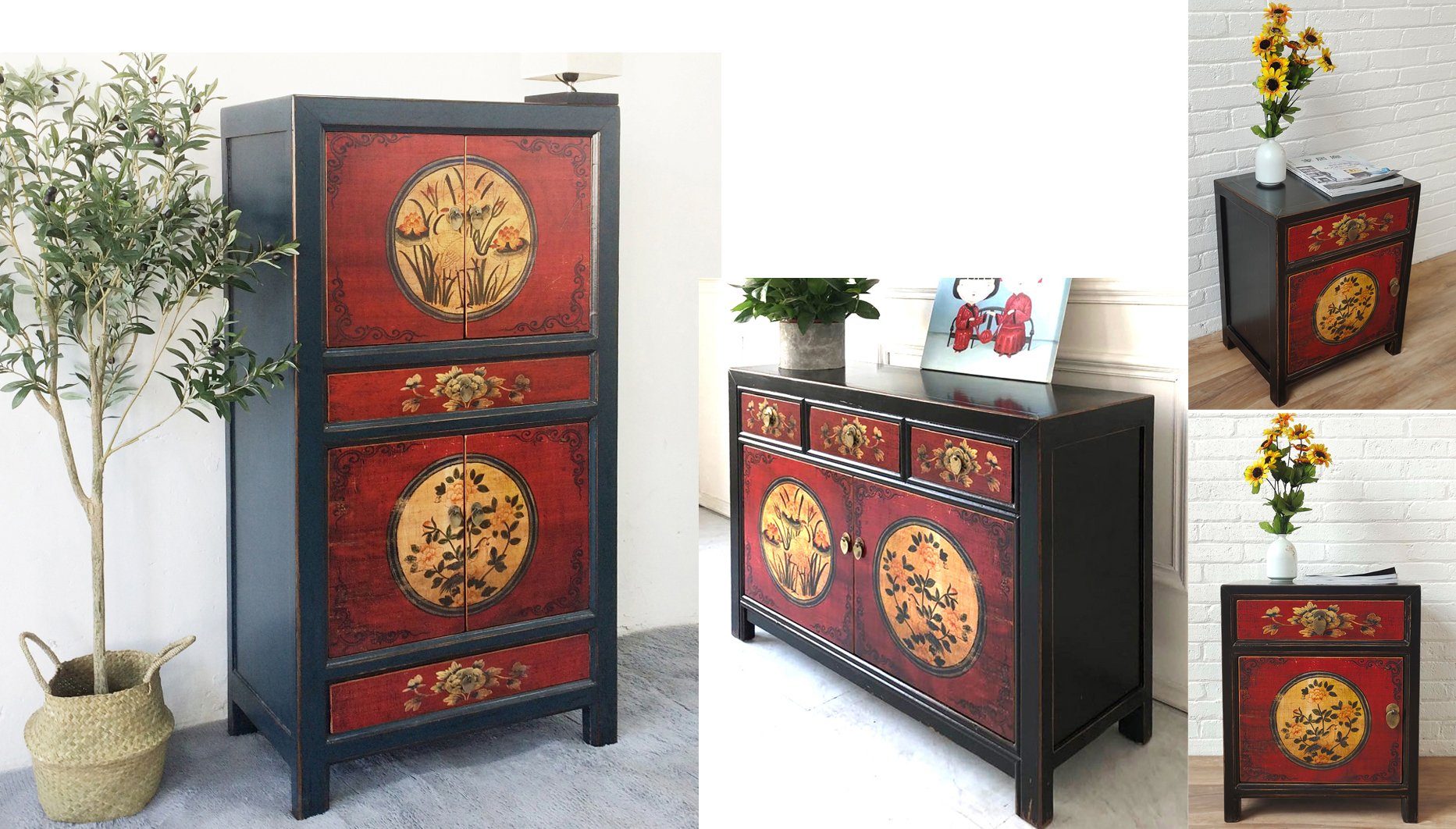 OPIUM OUTLET Schlafzimmer-Set »Möbelkombination 4-teilig«, (Chinesische Möbel Kombination, Asia Möbel Schlafzimmer Shabby Chic Vintage Hochzeits-Schrank, Kommode & 2 Nacht-Konsolen, 4-teilig), Schrank Kommode Sideboard Nachttisch Nachtschrank Nachtkommode asiatisch orientalisch chinesisch, komplett montiert