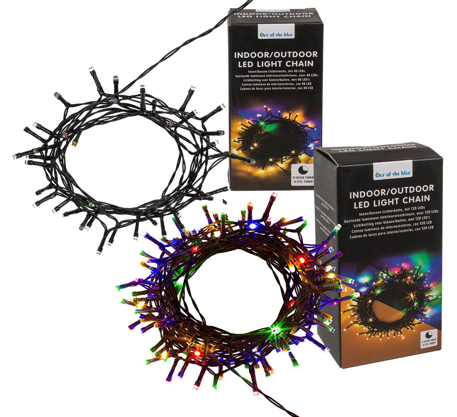 Out of the Blue LED-Lichterkette SET Innen Aussen Lichterkette 40+120 LEDs weiß+bunt mit Timer, 2er Set, 6-Stunden Timer, Weiß Bunt umstellbar, Batteriebetrieb