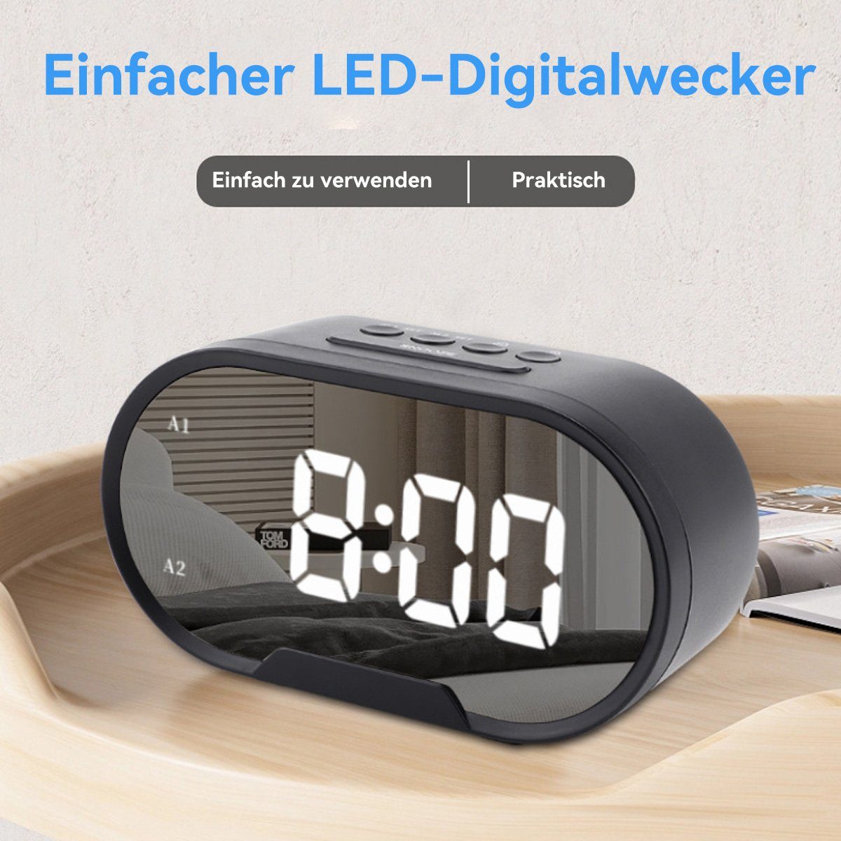 Schwarz Snooze-Funktion Einstellbare LED-Wecker, DOPWii Lautstärke Spiegelwecker Wecker