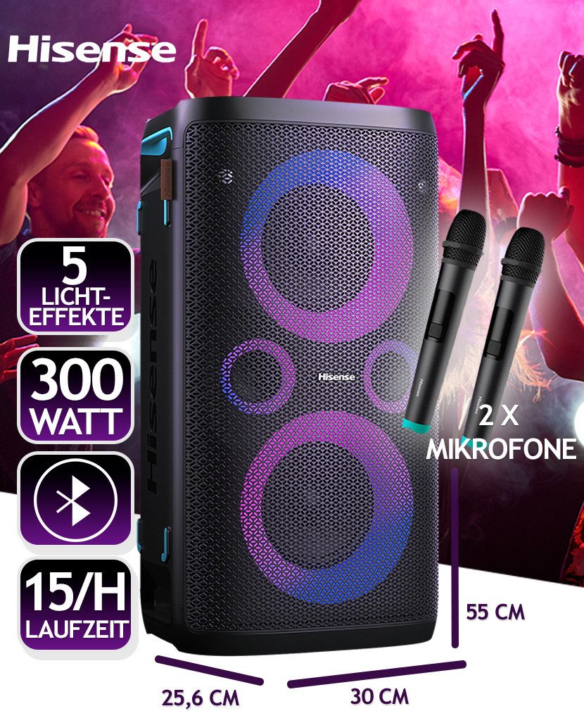 Hisense Party Storm 1 Bluetooth-Lautsprecher (Karaoke Modus inkl. 2 Mikrofone, 300W, 15 Stunden Akkulaufzeit)