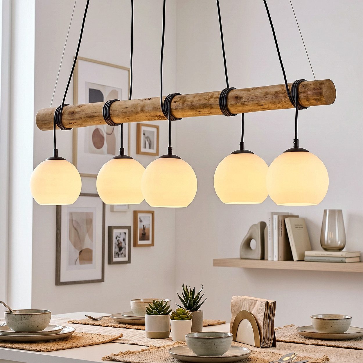 hofstein Pendelleuchte Pendellampe aus Metall/Holz/Milchglas in Schwarz/Naturfarben/Weiß, moderne Hängeleuchte im Boho-Design, 5 x E27