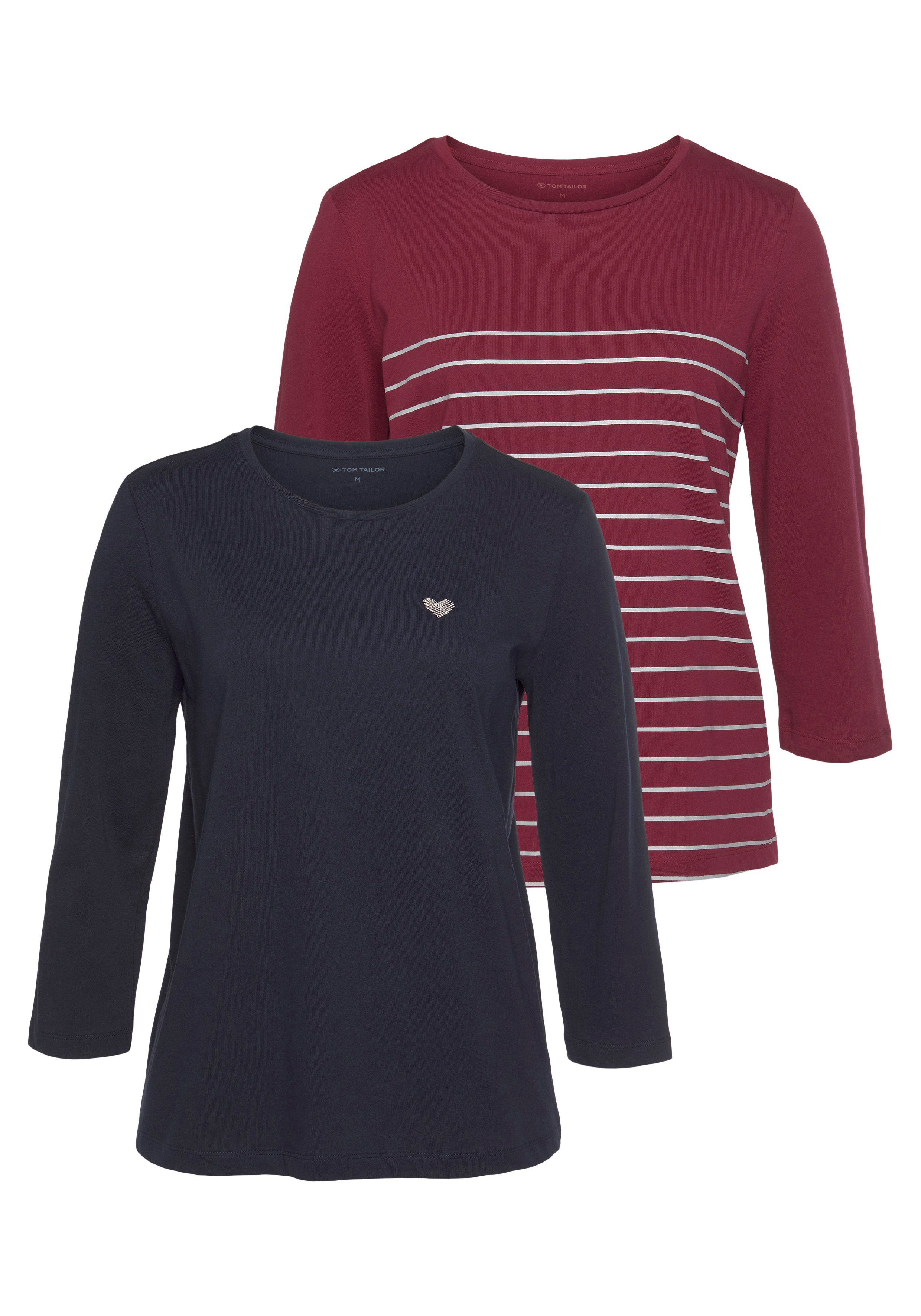 TOM TAILOR 3/4-Arm-Shirt (Packung, 2-tlg., 2er-Pack) im Doppel - immer Ringel + uni navy, bordeaux-geringelt