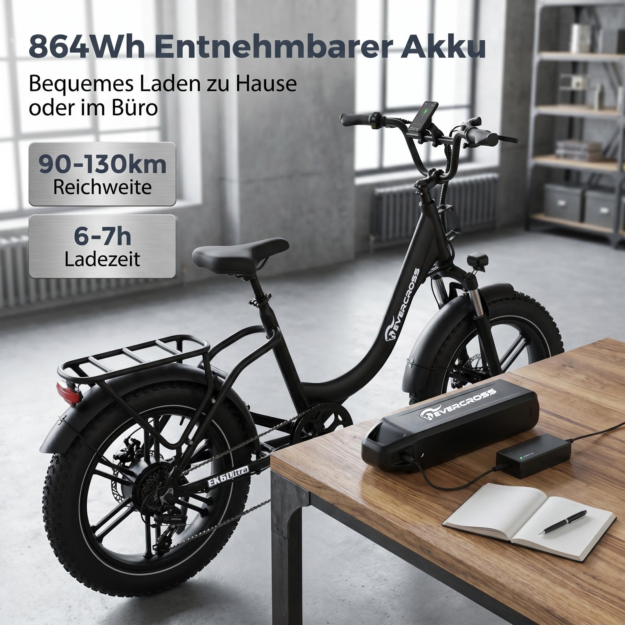 EVERCROSS TECH E-Bike 20×4.0 Fatbike, 7-Gang Shimano, 48V 18Ah abnehmbarer Akku 90-130km, Heckmotor, 864 Wh, NFC+App Entsperrung, 250W Motor Elektrofahrräder für Damen und Herren