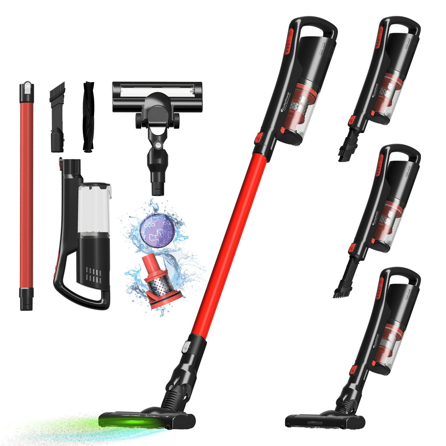 TurboTronic by Z-Line Akku-Hand-und Stielstaubsauger 120 Watt 11 kpA mit LASER-LED für Tiefenreinigung kabellos, beutellos, 120 W, beutellos, leise < 80 db, Bodensauger für Teppich & Hartboden, Stabstaubsauger