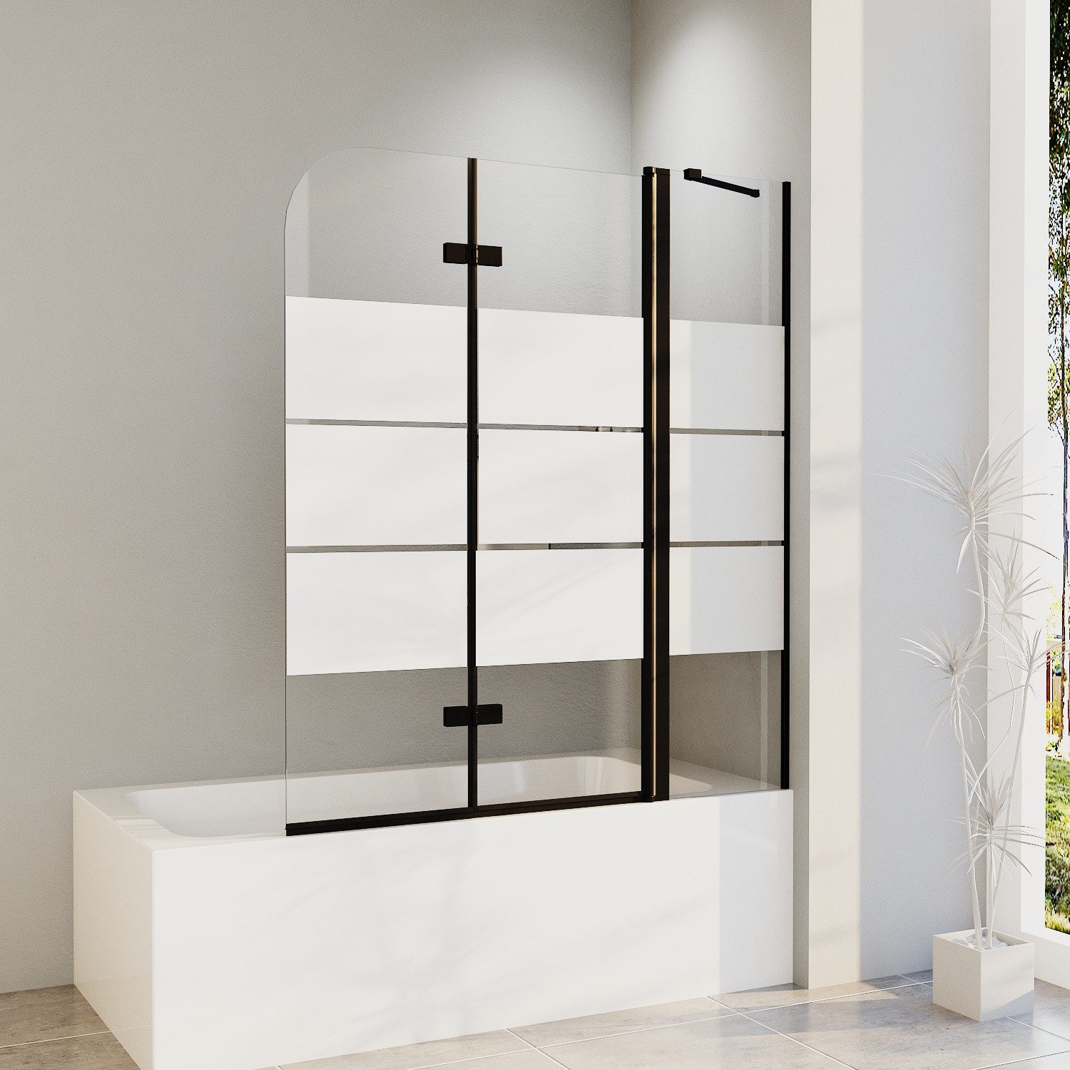 Hopibath Duschwand für badewanne faltbar Badewannenaufsatz milchglas, 6mm Sicherheitsglas, (3 teilig Pendelteil 180° schwenkbar, Chrom, Schwarz), 160x140, 150x140, 140x140, 130x140, 120x140cm