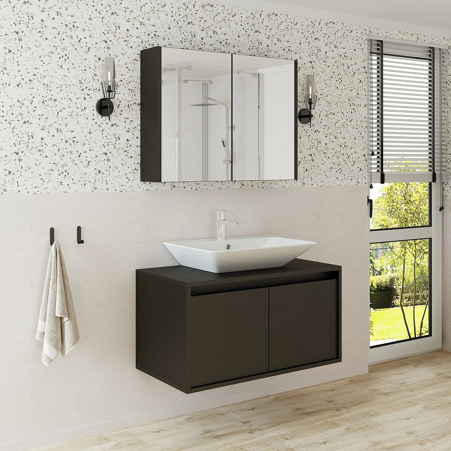 Roomart Badmöbel-Set ATLANTIC Waschtisch + Spiegelschrank + Keramik-Aufsatzwaschbecken, (ATLANTIC – Unterschrank + Spiegelschrank + Waschbecken), feuchtigkeitsbeständig, Spiegelschrank mit Stauraum, DHL-Lieferung