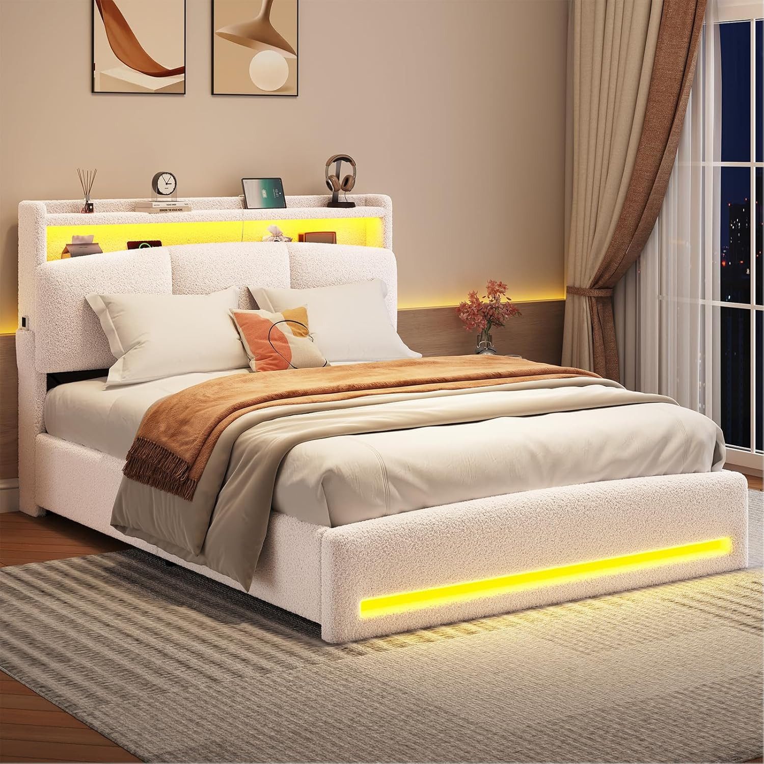 MSMASK Polsterbett mit Steckdosen und LED-Beleuchtung, Doppelbett mit Stauraum Kopfteil (1-tlg., Ohne Matratze), Hydraulik-Stauraumbett, Jugendbett 140x190cm – Bild 5 von 5
