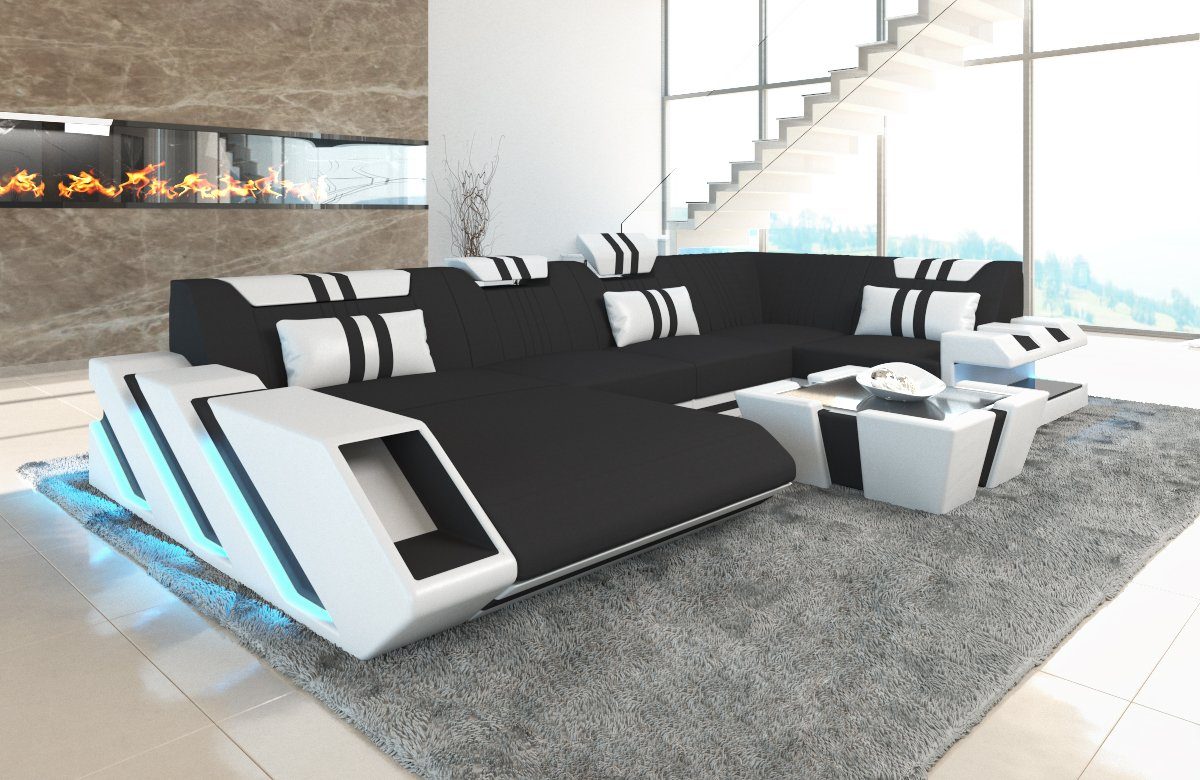 Sofa Dreams Wohnlandschaft Sofa Stoff Couch Apollonia U Form Polster Stoffsofa, mit LED, wahlweise mit Bettfunktion als Schlafsofa, Designersofa C33 Schwarz-Weiss