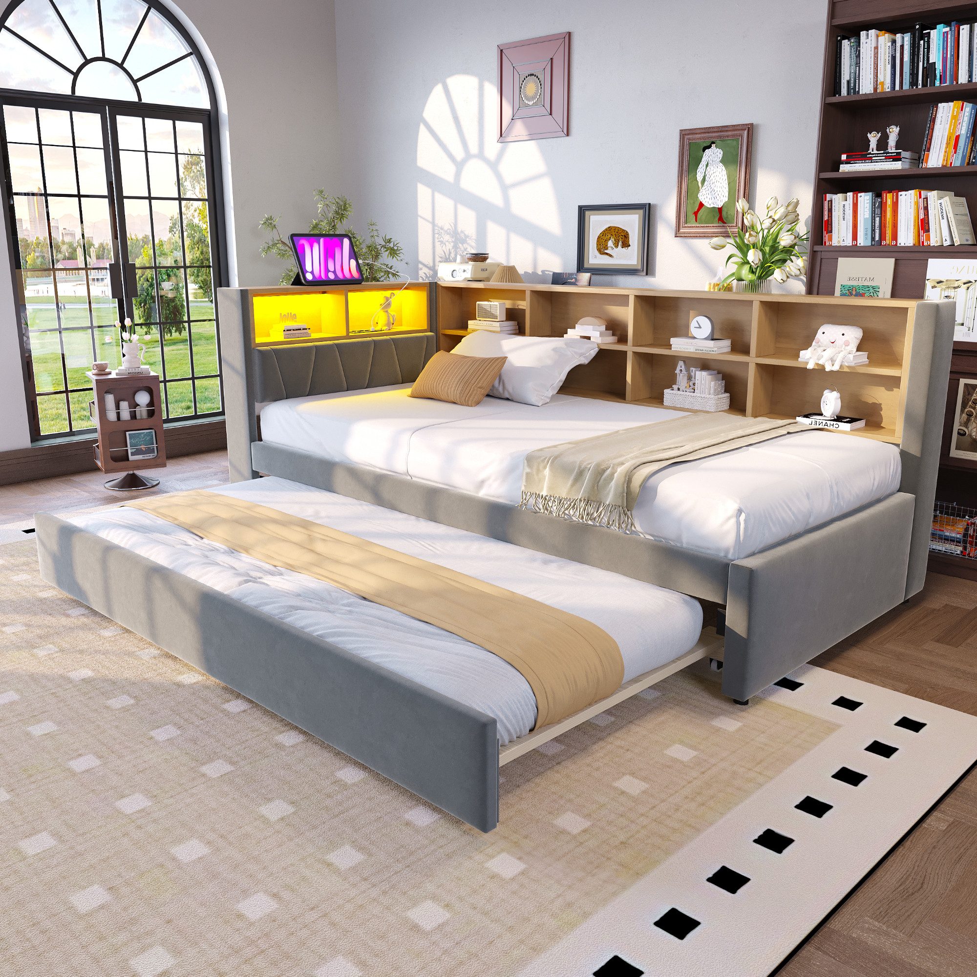 REDOM Schlafsofa mit Ausziehbares, LED-Beleuchtung, Steckdosen & Ablagefächern, aus Flanell Polsterbett, Stauraumbett 90 x 200 & 90x190 cm, ohne Matratze