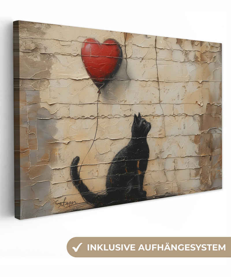 OneMillionCanvasses® Leinwandbild Katze - Graffiti - Luftballon - Straßenkunst - Abstrakt, Beige - Graffiti (1 St), Leinwand Bilder Klein, Wand Dekoration 30x20 cm