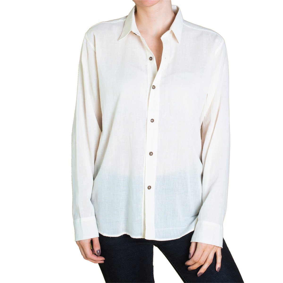 PANASIAM Langarmhemd Unisex Sommerhemd mit Kragen aus weicher reiner Baumwolle Freizeithemd für Sie & Ihn mit Holzknöpfen Wohlfühlhemd