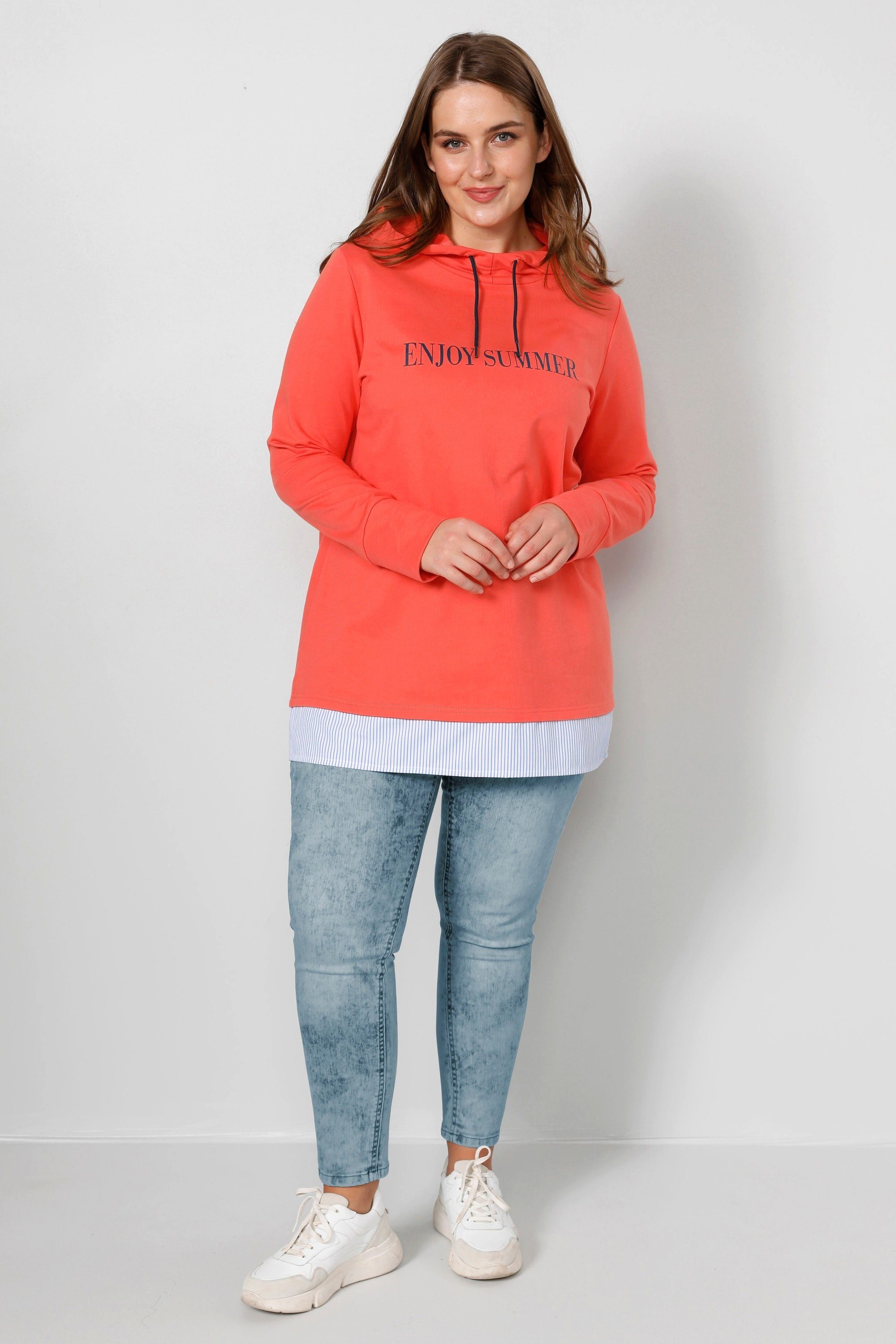 Janet & Joyce Sweatshirt Hoodie Kapuze Schriftzug Farb-Saumbund