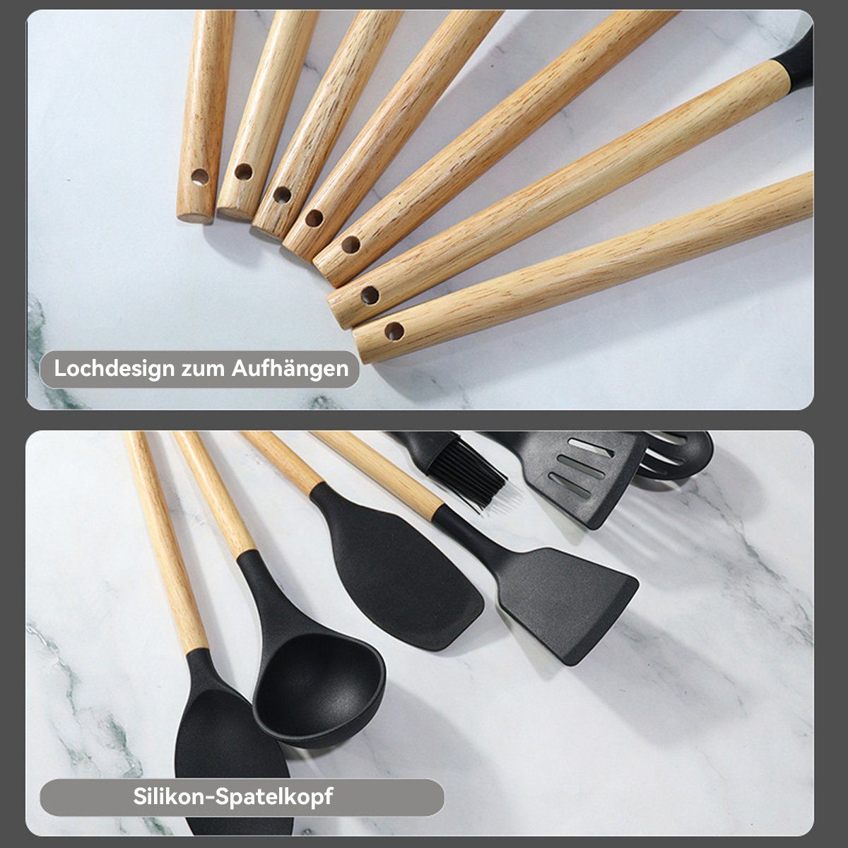 DOPWii Kochbesteck-Set 12-teiliges Silikon-Küchenutensilien-Set, Schwarz, Antihaftbeschichtet (12-tlg)