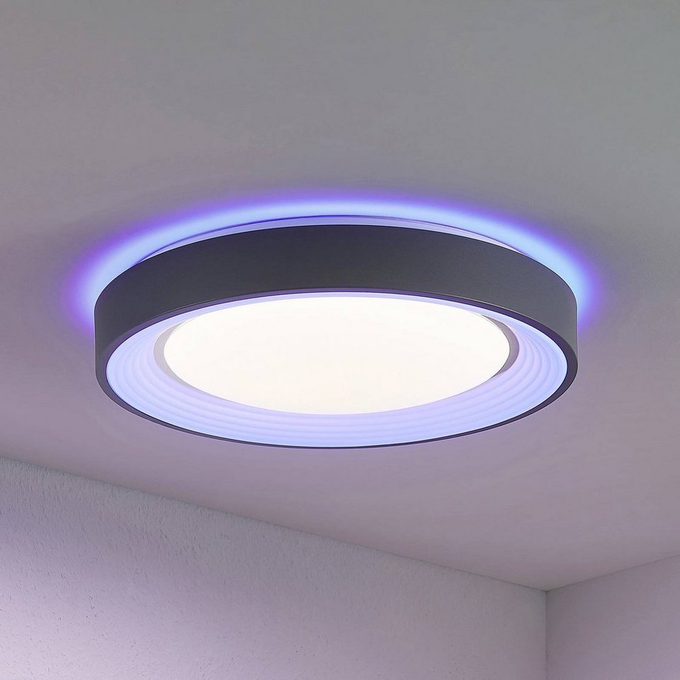 Lindby LED Deckenleuchte Lindum, dimmbar, LED-Leuchtmittel fest verbaut, Farbwechsel  RGB + weiß, Modern, Metall, Kunststoff, weiß, dunkelgrau, 1 flammig,
