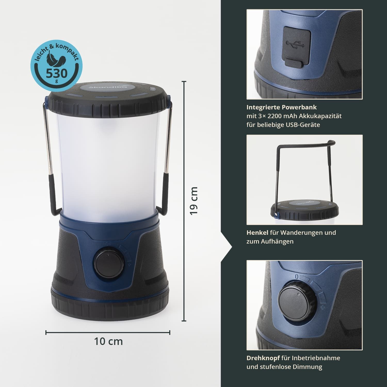 Skandika LED Gartenleuchte Campinglampe Talvik mit Powerbankfunktion, aufladbar, 1500 Lumen, stufenlos dimmbar, 4400 mAh, Notfallleuchte, 6500 K, USB-C Anschluss