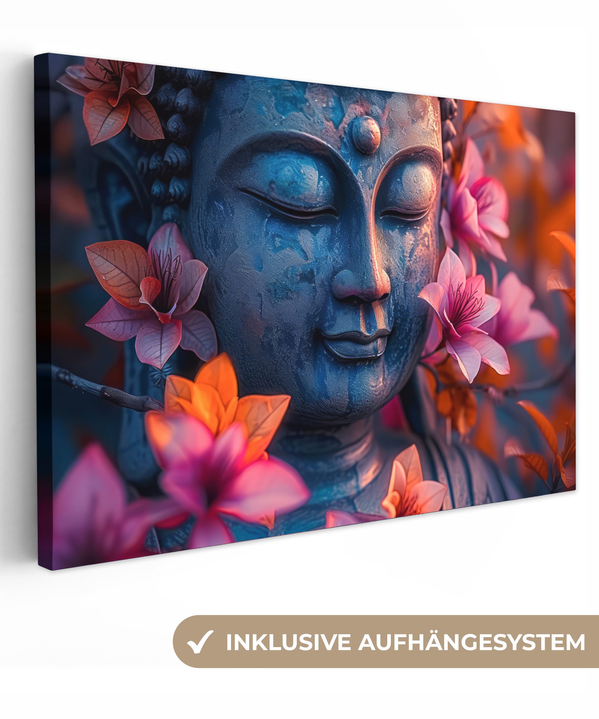 OneMillionCanvasses® Leinwandbild Buddha - Porträt - Blumen - Bild, Fotodruck (1 St), Leinwand Bilder Klein, Wand Dekoration Aesthetic 30x20 cm