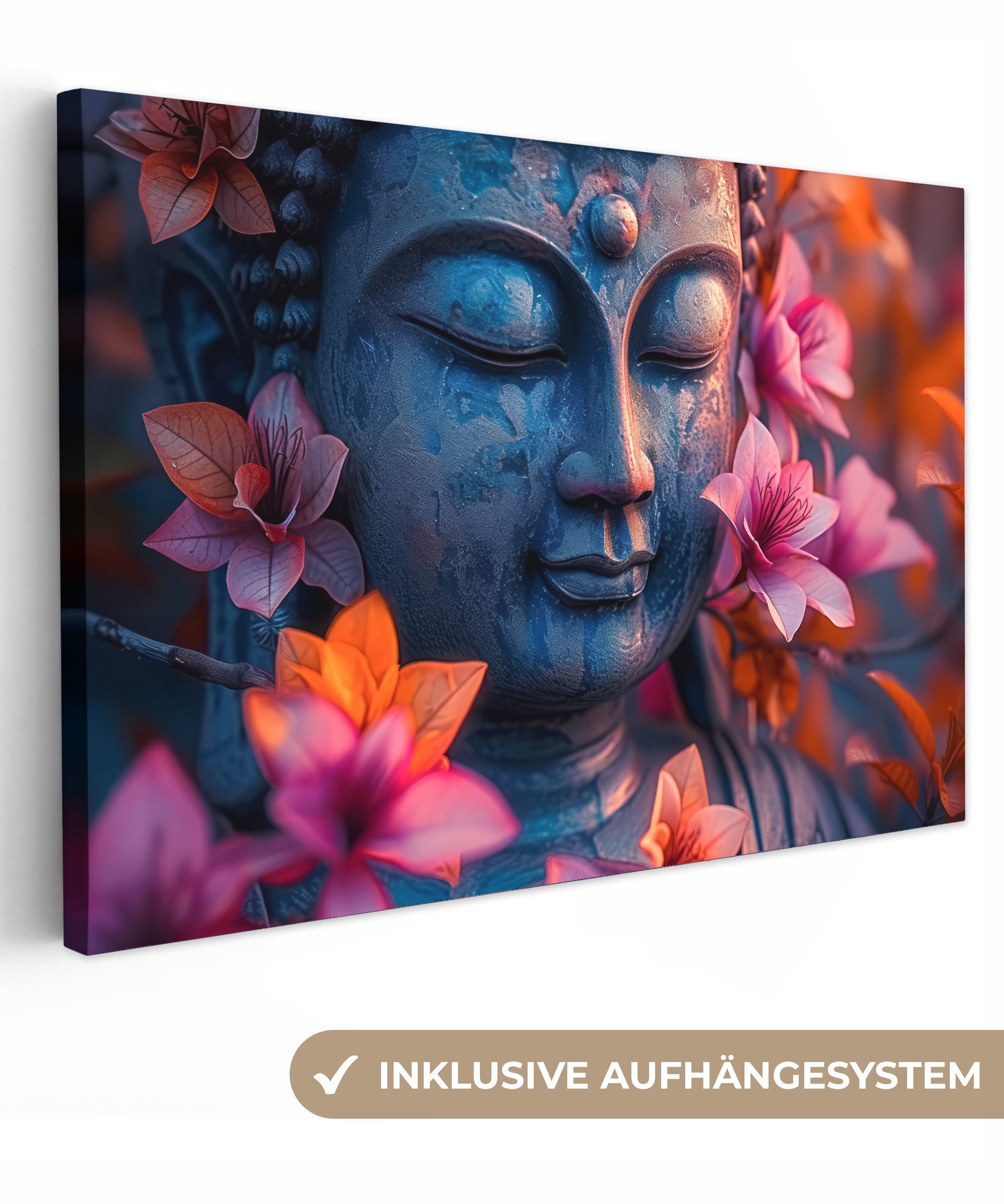 OneMillionCanvasses® Leinwandbild Buddha - Porträt - Blumen - Bild, Buddha - Porträt (1 St), Leinwand Bilder Klein, Wand Dekoration 30x20 cm