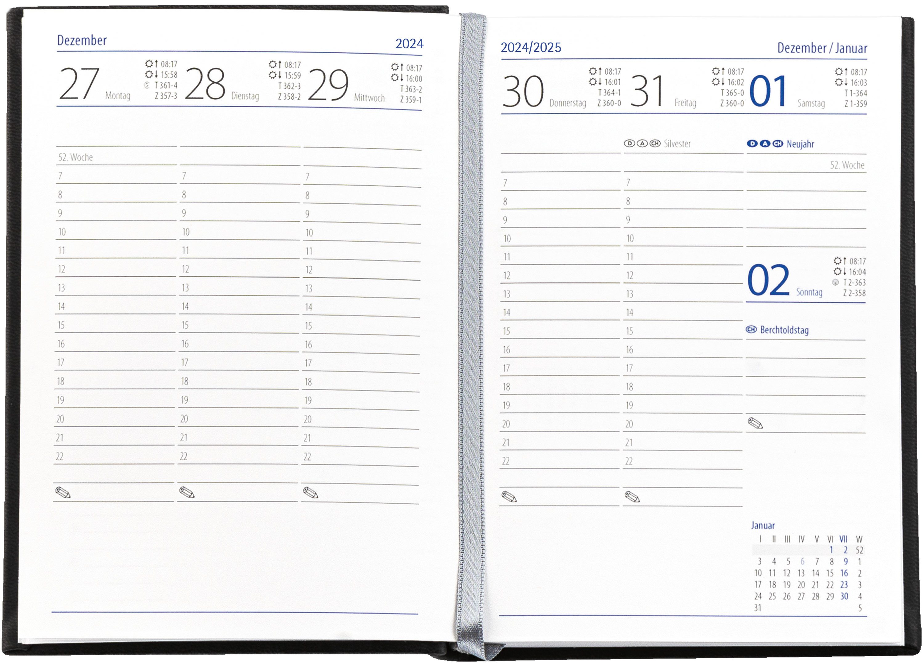 GÜSS Kalender Taschenkalender 2025 Güss Taschenkalender ca.A6 1W.= 2S. Einband Tucson schwarz, ca.A6