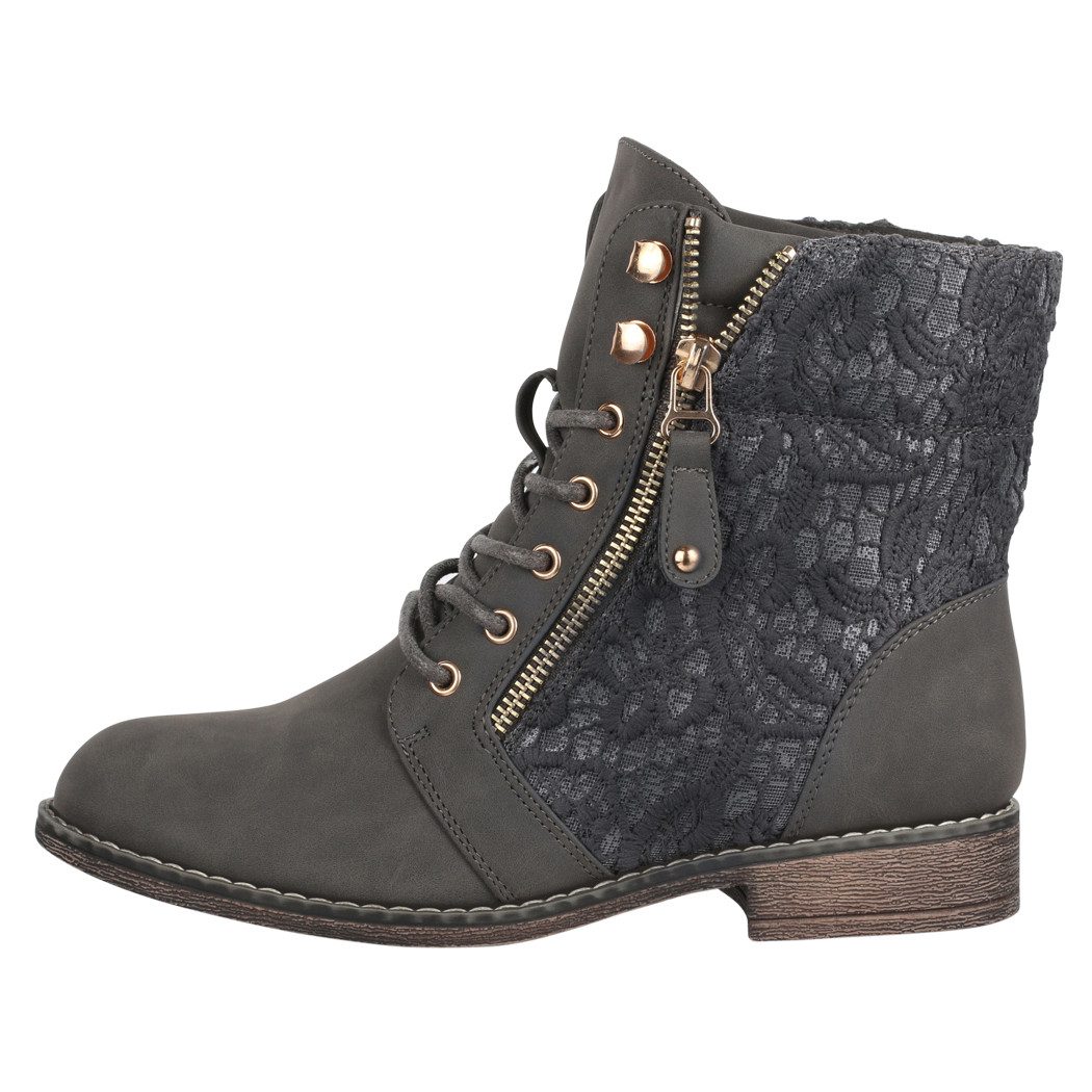Elara Damen Schnürstiefeletten mit Spitze, Reißverschluss und Zierdetails Schnürstiefelette