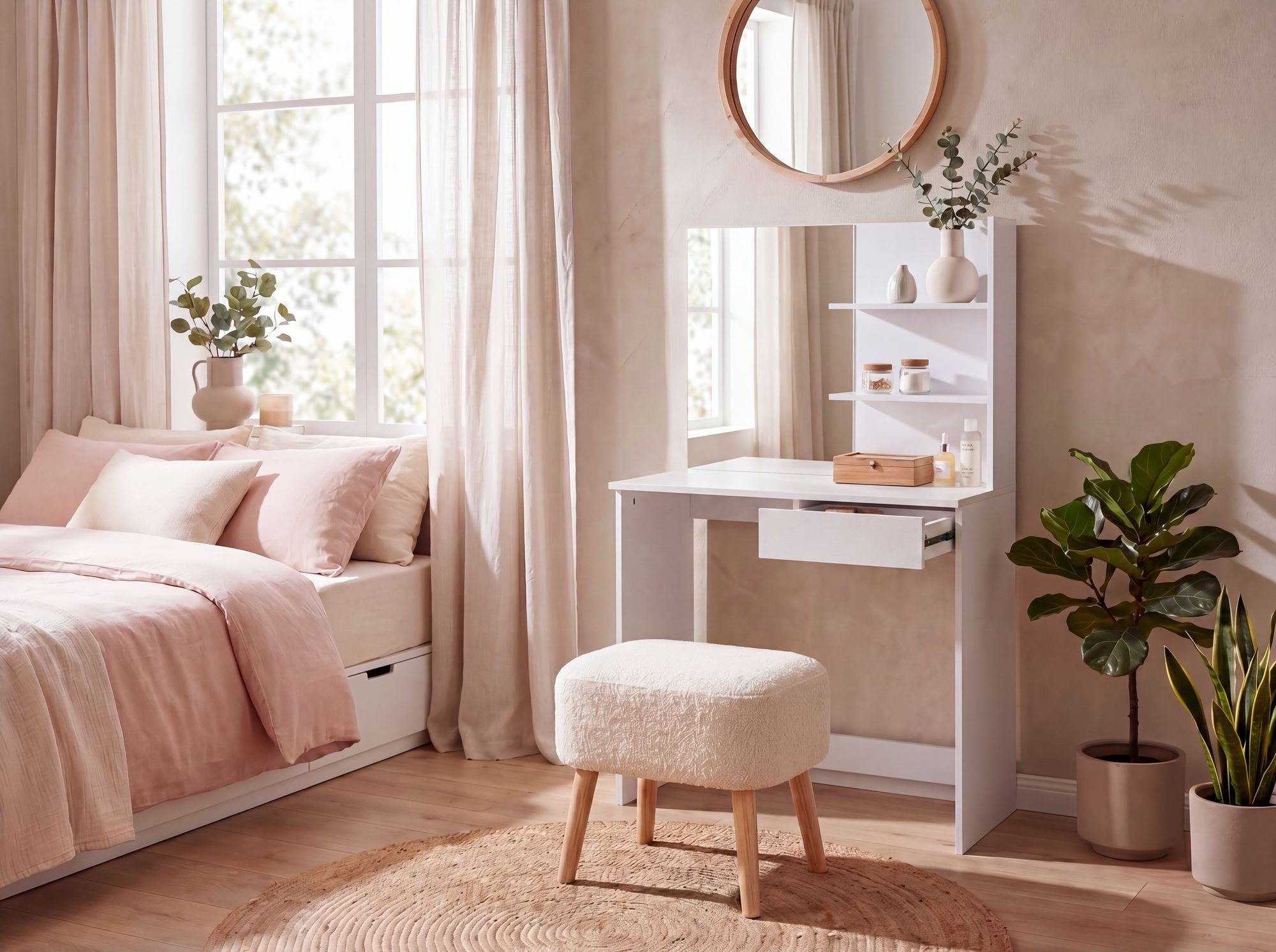 Wohnling Schminktisch WL7.831 Kosmetiktisch 75cm Frisiertisch Weiß Make-Up-Tisch Spiegel (Helle Frisierkommode für das Schlafzimmer), Kratzfeste Oberfläche dank Melaminharzbeschichtung