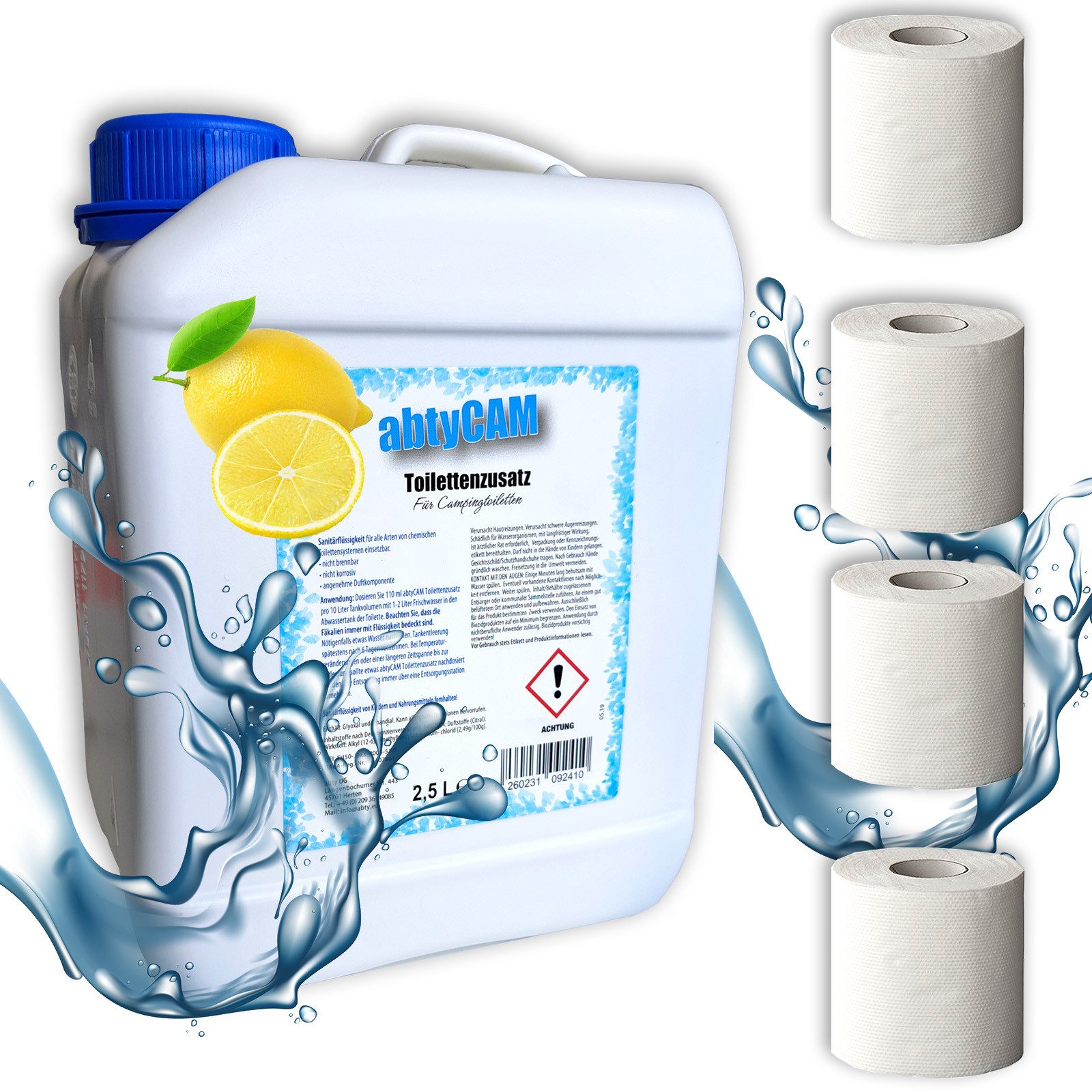 BlueCraft Sanitärflüssigkeit 2,5 L für mobile Camping Toiletten Sanitärzusatz Campingtoilettenreiniger (Toilettenzusatz WC Konzentrat mit Citronenduft Inkl. 4 Rollen Toilettenpapier, [- Sanitärkonzentrat für Abwassertank Zusatz für Chemietoiletten)