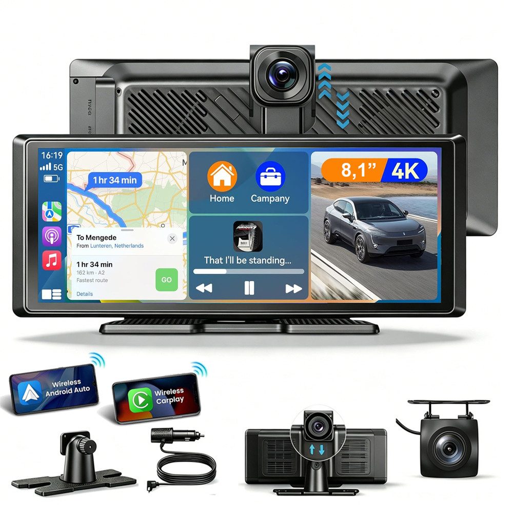 ESSGOO 4K 8.1" Apple Carplay Android Auto Display Vorne Rückfahr Dashcam Dashcam (HD, Tragbar Autoradio Rückfahrkamera IPS Touchscreen GPS Navi FM AUX)