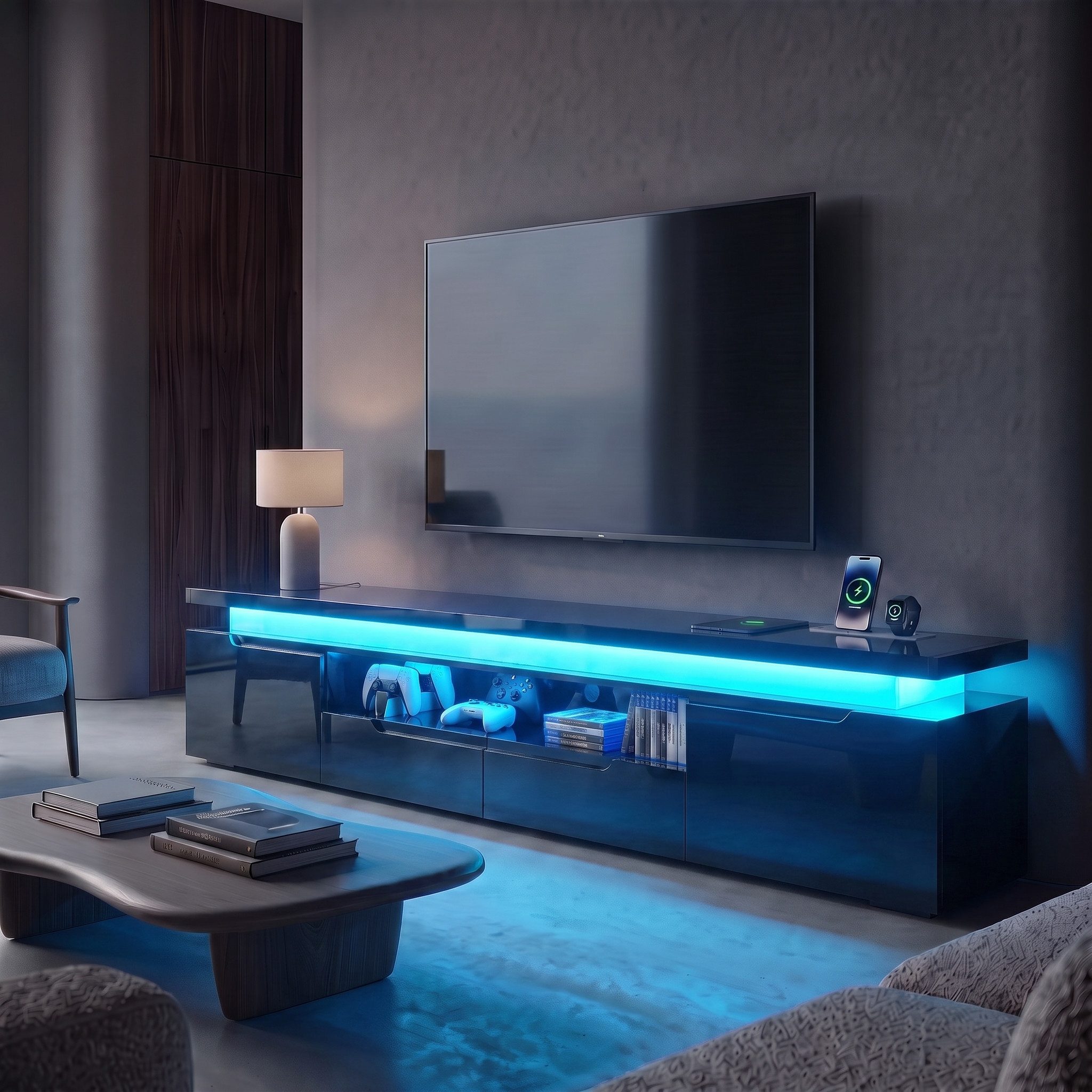 PXloue TV-Schrank in wohnzimmerd TV-Lowboard mit LED-Beleuchtung und Steckdosen Mit 2 Türen, Regalen und viel Stauraum 180 x 35 x 52 cm