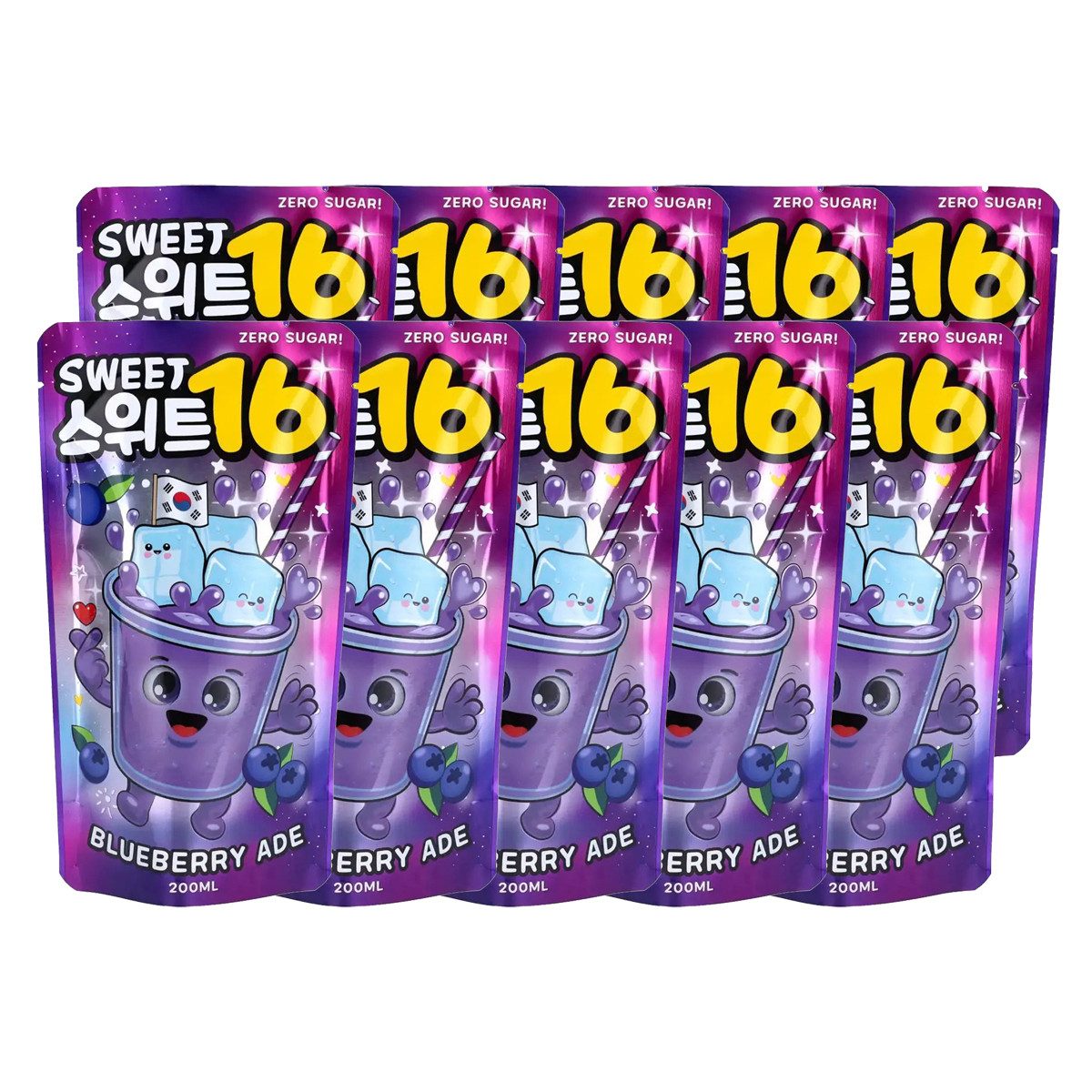 Sweet16 Softgetränk, Sweet16 Blaubeerlimonade koreanisch zuckerfrei 200ml 10er Pack