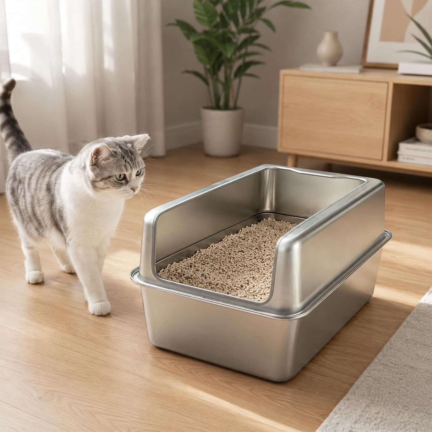 GarveeMore Katzentoilette Offenes Edelstahl Katzenklo mit Schaufel, hohe Wände auslaufsicher