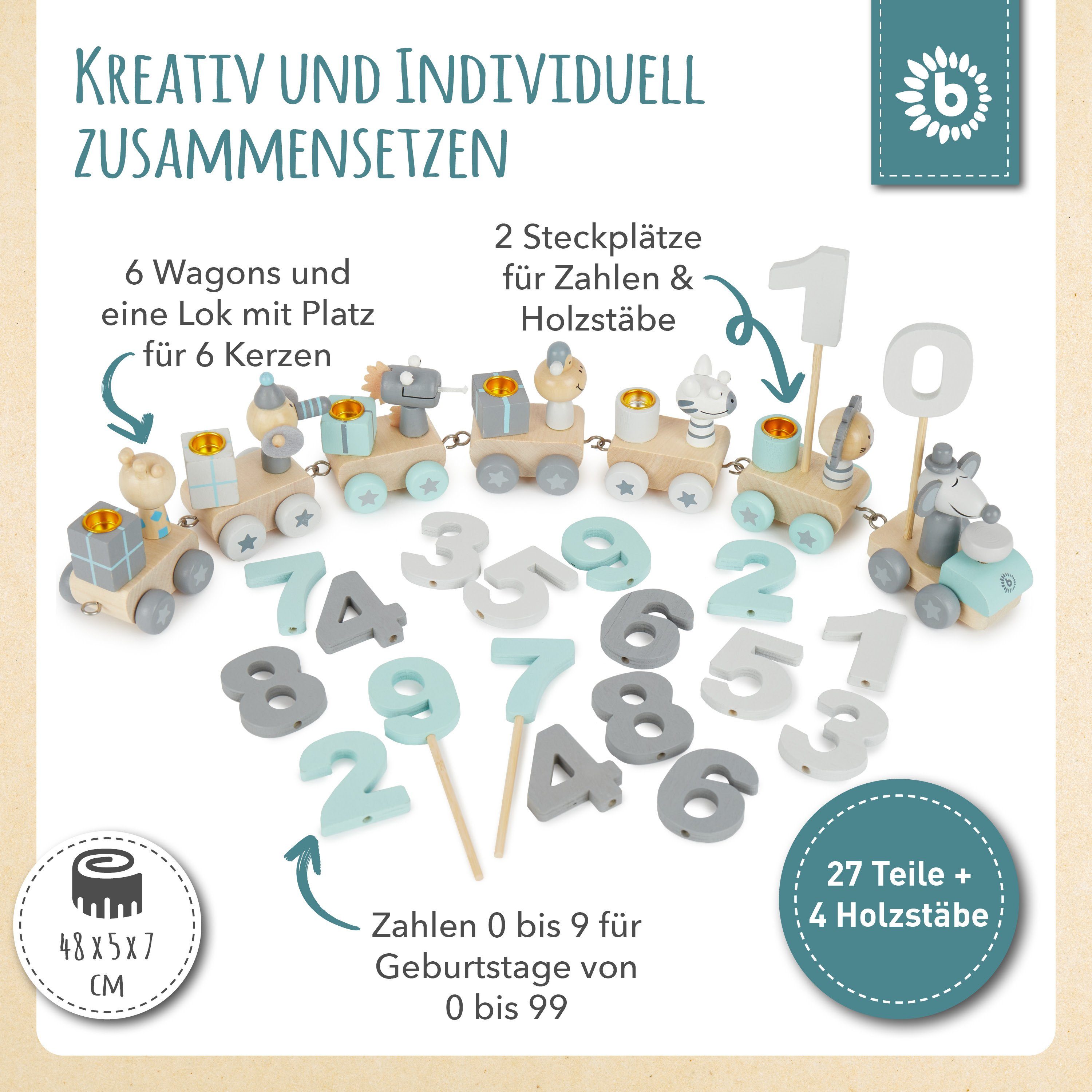 BIECO Kerzenhalter Bieco Holz Geburtstagszug Scandi Look 0-99 Jahre Zahlenzug 31 tlg.