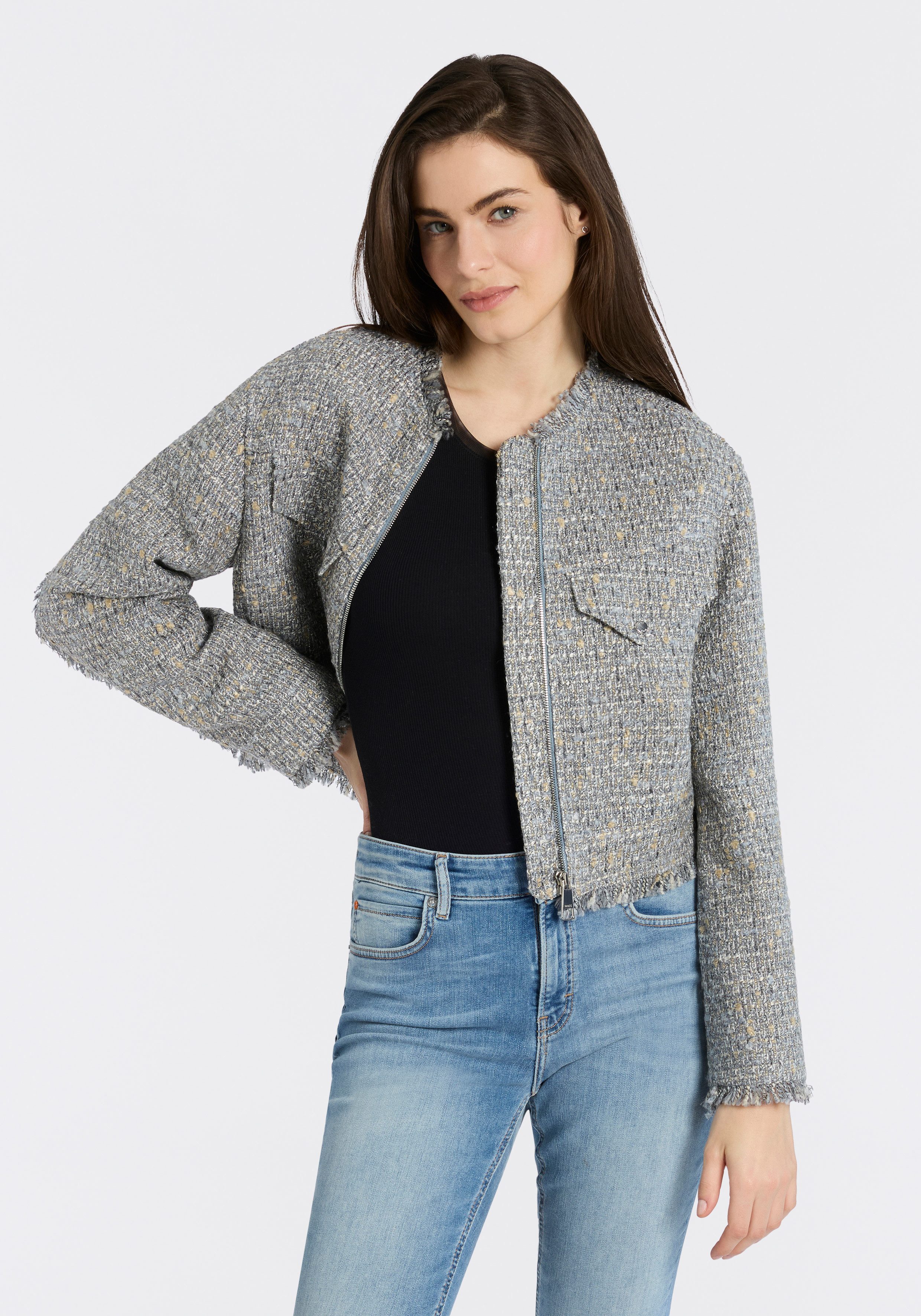 BOSS ORANGE Kurzblazer Jawelli Premium Damenmode mit Fransen-Details