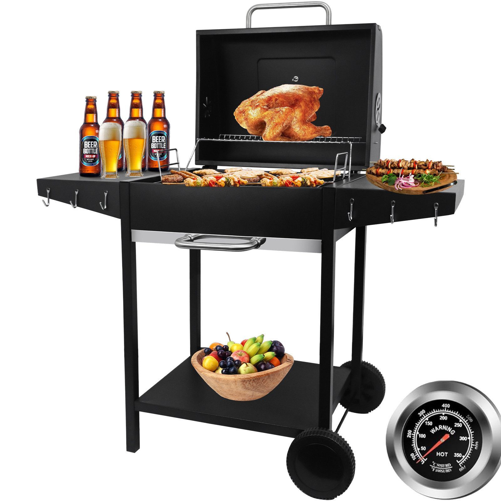 SunJas Holzkohlegrill XXL Grillwagen mit Deckel Thermometer und Doppel-Seitenablagen, Grillfläche 50x42cm, mobiler Gartengrill großer BBQ Grill für 5-10 Personen