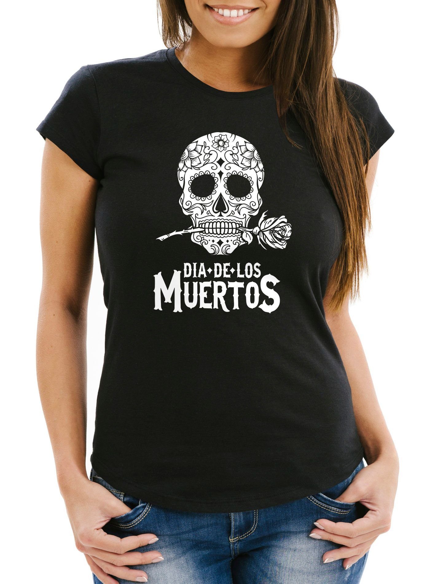 Neverless Print-Shirt Damen T-Shirt Sugar Skull Dia De Los Muertos Totenkopf  mit Blumen Slim Fit Neverless® mit Print