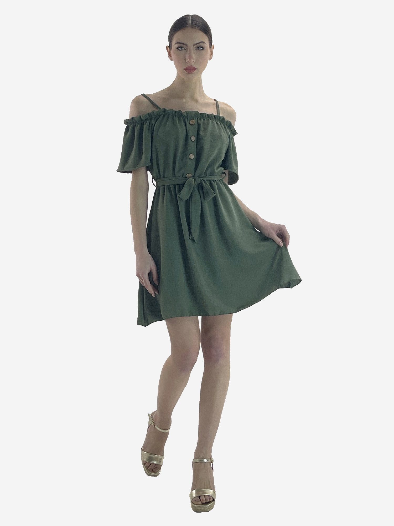 Minikleid Damen Off Shoulder Kleid mit Bindegürtel und Volantärmeln
