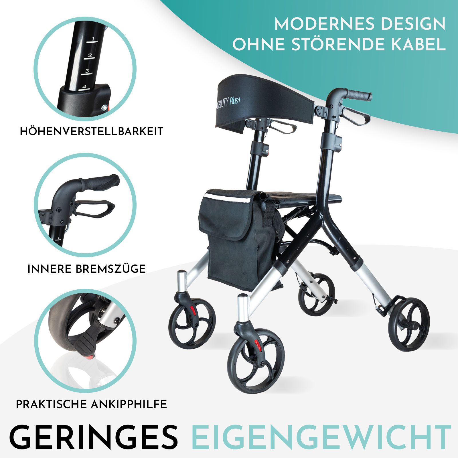 MOBILITY Plus+ Rollator DR10+, Gehwagen im Trend-Design - klappbar, höhenverstellbar u, inkl. Tasche