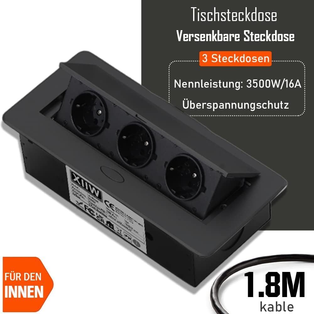 XERSEK Versenkbar Einbausteckdose Tischsteckdosenleiste Mehrfachsteckdose Mehrfachsteckdose 3-fach, 3 Fach, Ein-Tischsteckdose inkl. 1.8m Kabel, Schwarz