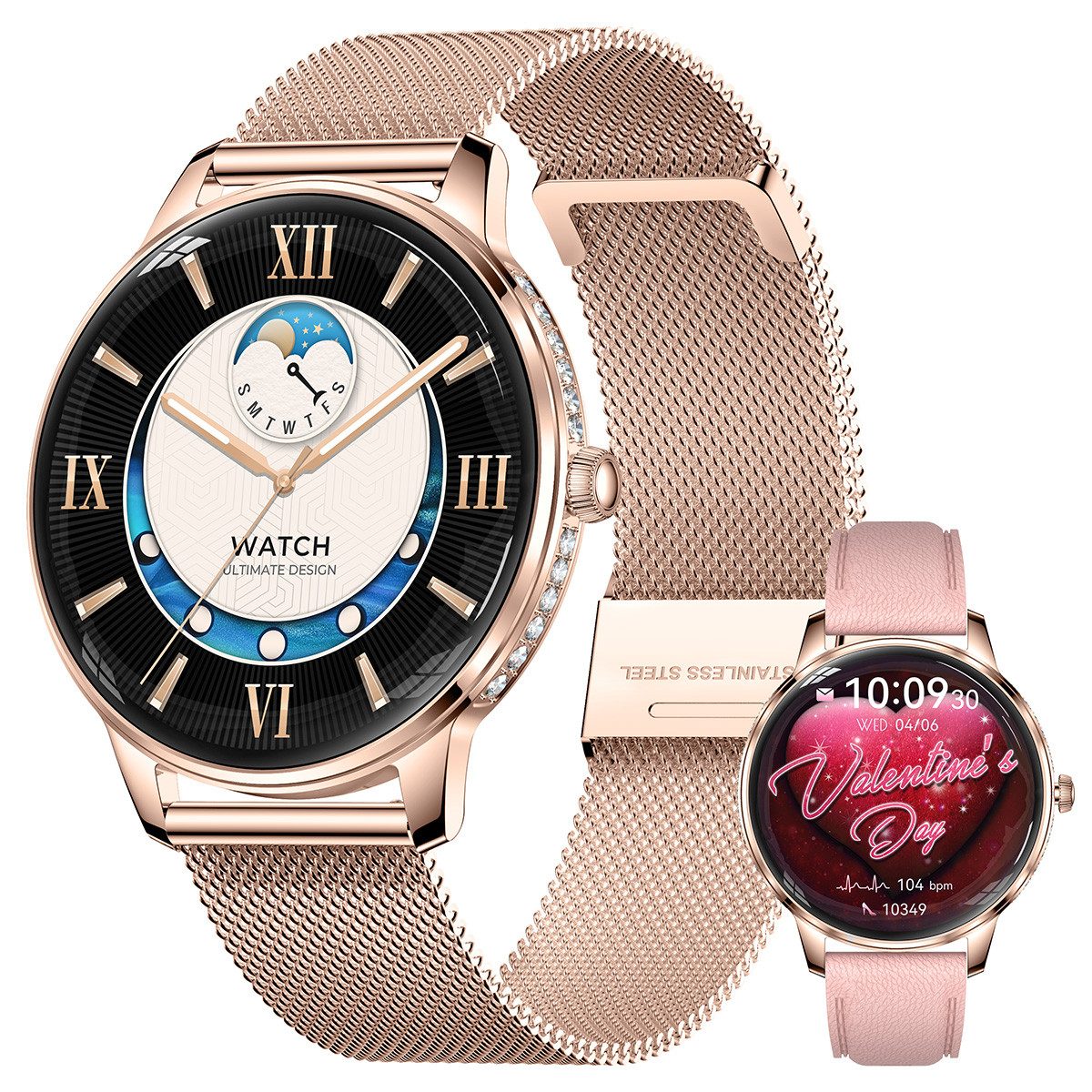 Vashoy Smartwatch Damen,1.19" mit Bluetooth-Anrufen & Sprachassistent Smartwatch (38mm cm/1.19 Zoll, Android4.4/IOS1.0) Spar-Set, 4-tlg., Schritte, Puls, Blutdruck, Stress, Schlaf, Zyklus, IP68 Wasserdicht – Fitnessuhr Kompatibel mit iOS Android