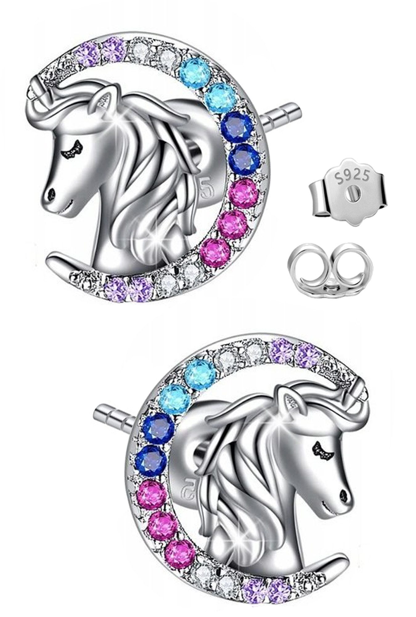 Limana Paar Ohrstecker Ohrringe 925 Silber bunte Einhörner Pferde Schmuck für Mädchen Kinder (Silberschmuck Echtschmuck Kinderschmuck inkl. Dose), Geschenk Idee Ostern Weihnachten Geburtstag Nikolaus Einschulung