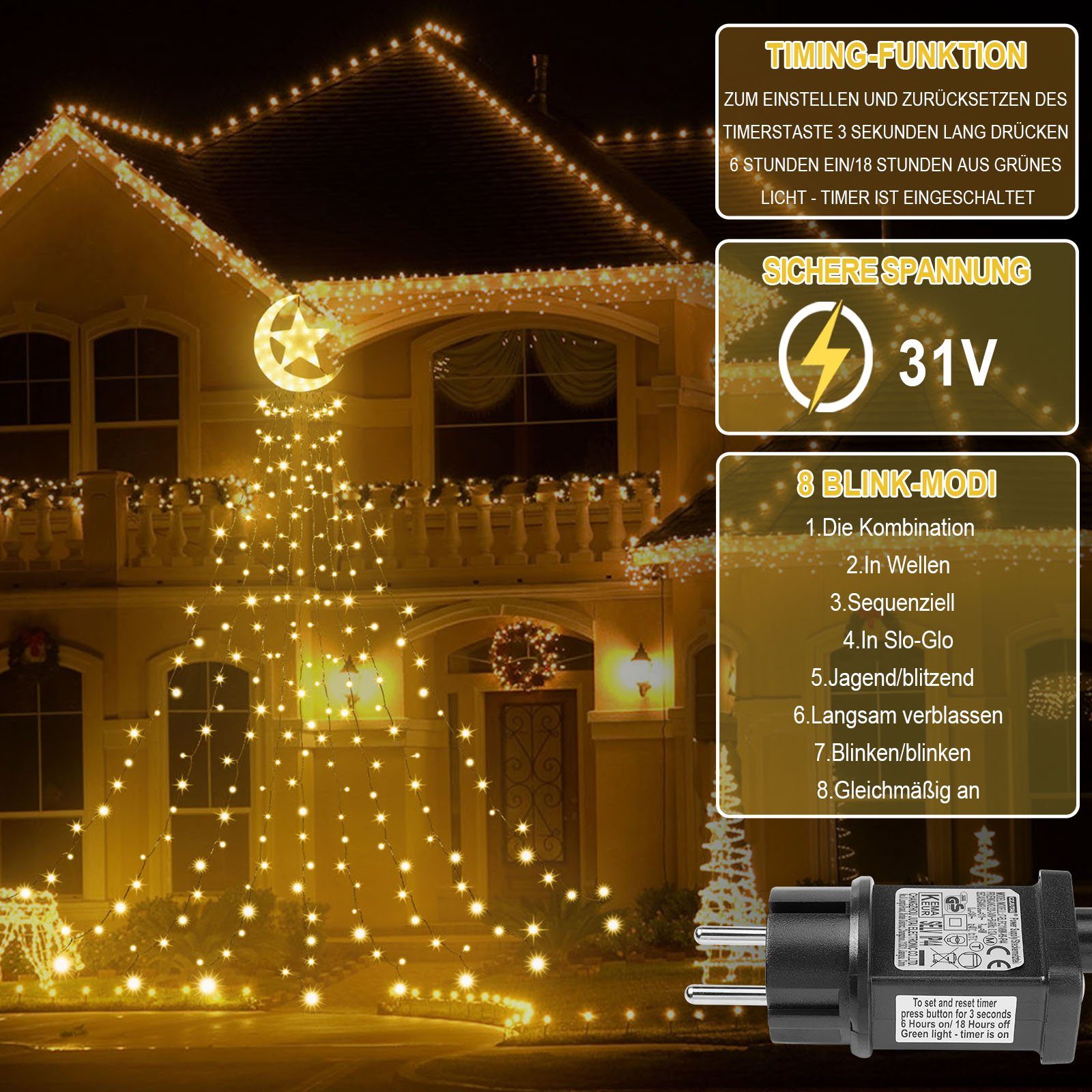 Modi, Topper Weiß Star, 8 Wasserfall Warmes 350-flammig, LED-Lichterkette Sunicol Timer Lichterkette, LED Weihnachtsbaum