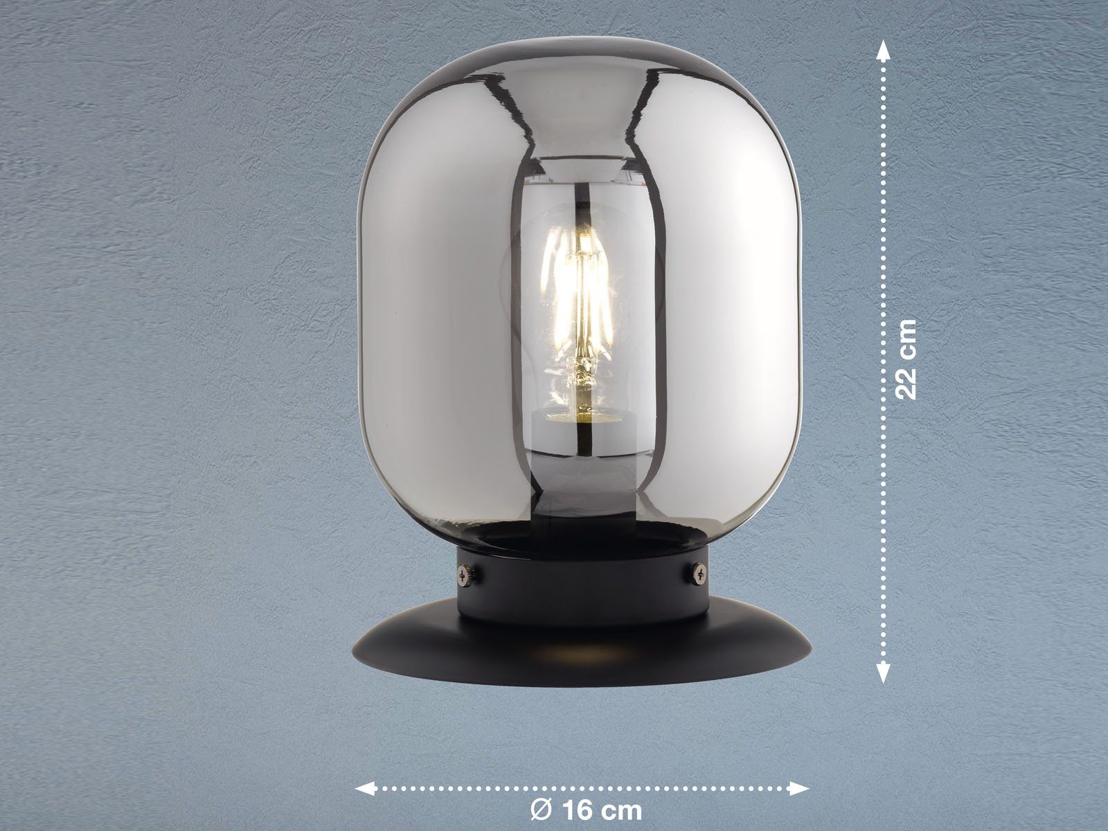 Vintage Lampenschirm Metallfuß oval Warmweiß, wechselbar, Dimmfunktion, Rauchglas LED meineWunschleuchte 23cm Kugel Nachttischlampe, LED & Höhe mit