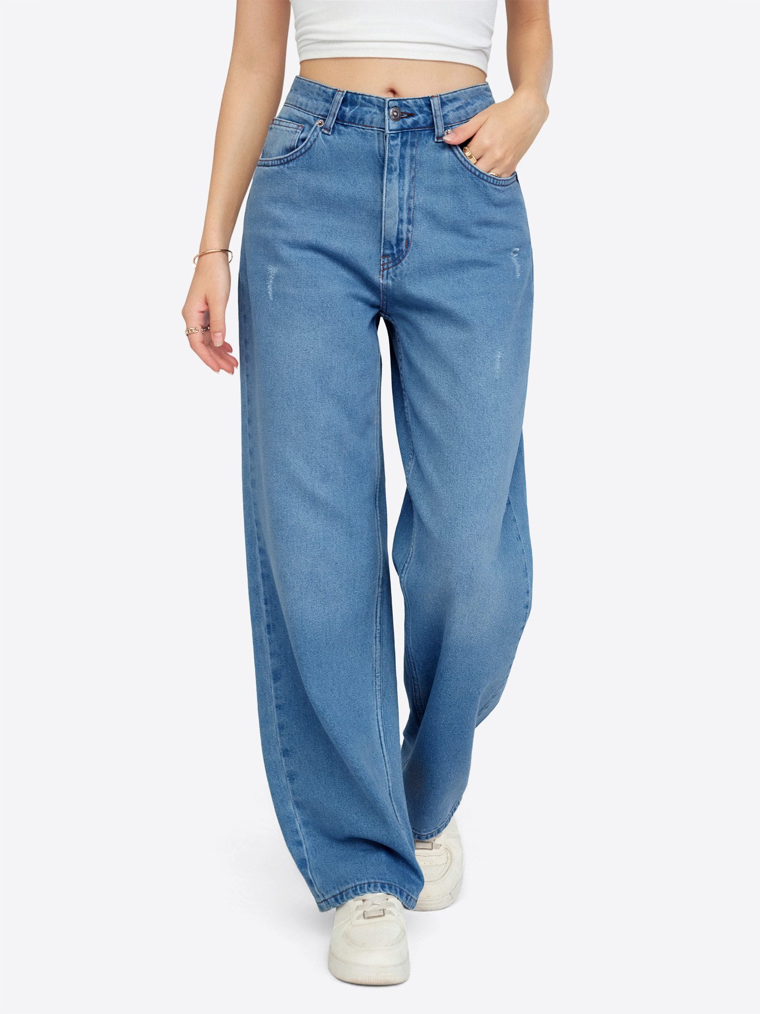 Imily Bela Weite Jeans Damen hochtaillierte Loose-fit-Jeans mit Waschungseffekt (Packung, 1-tlg., 1per-Pack) 5-Pocket-Style