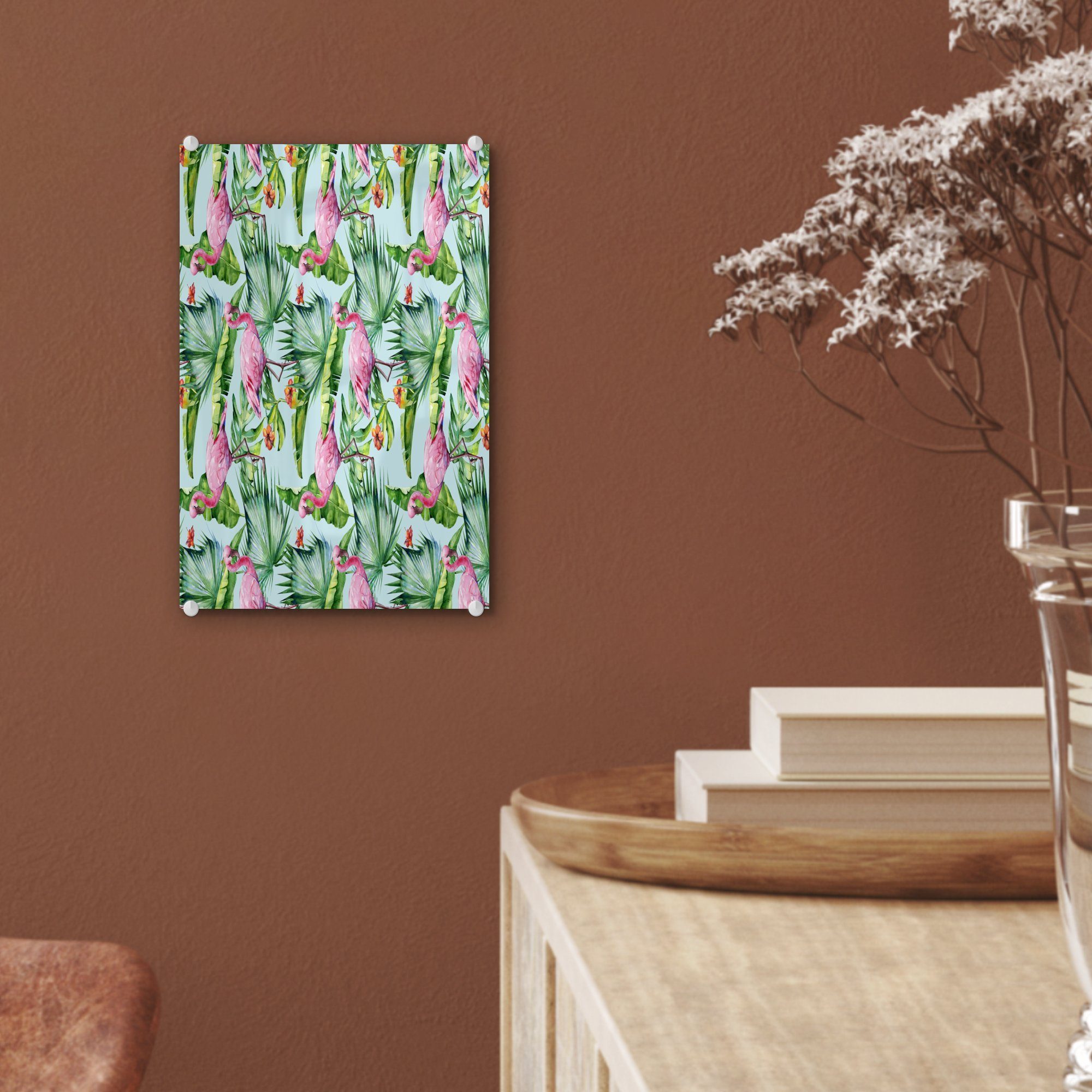 auf Rosa, Glas - Glas - auf Flamingo Wanddekoration Hibiskus Wandbild (1 Foto St), Acrylglasbild - MuchoWow Glasbilder Blumen Bilder - - -