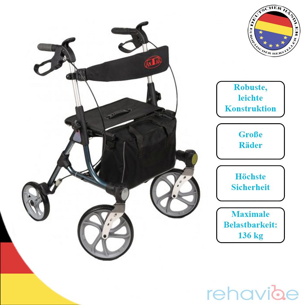 Rollator Faltbar aus Aluminium mit großen Rädern und Bremsen